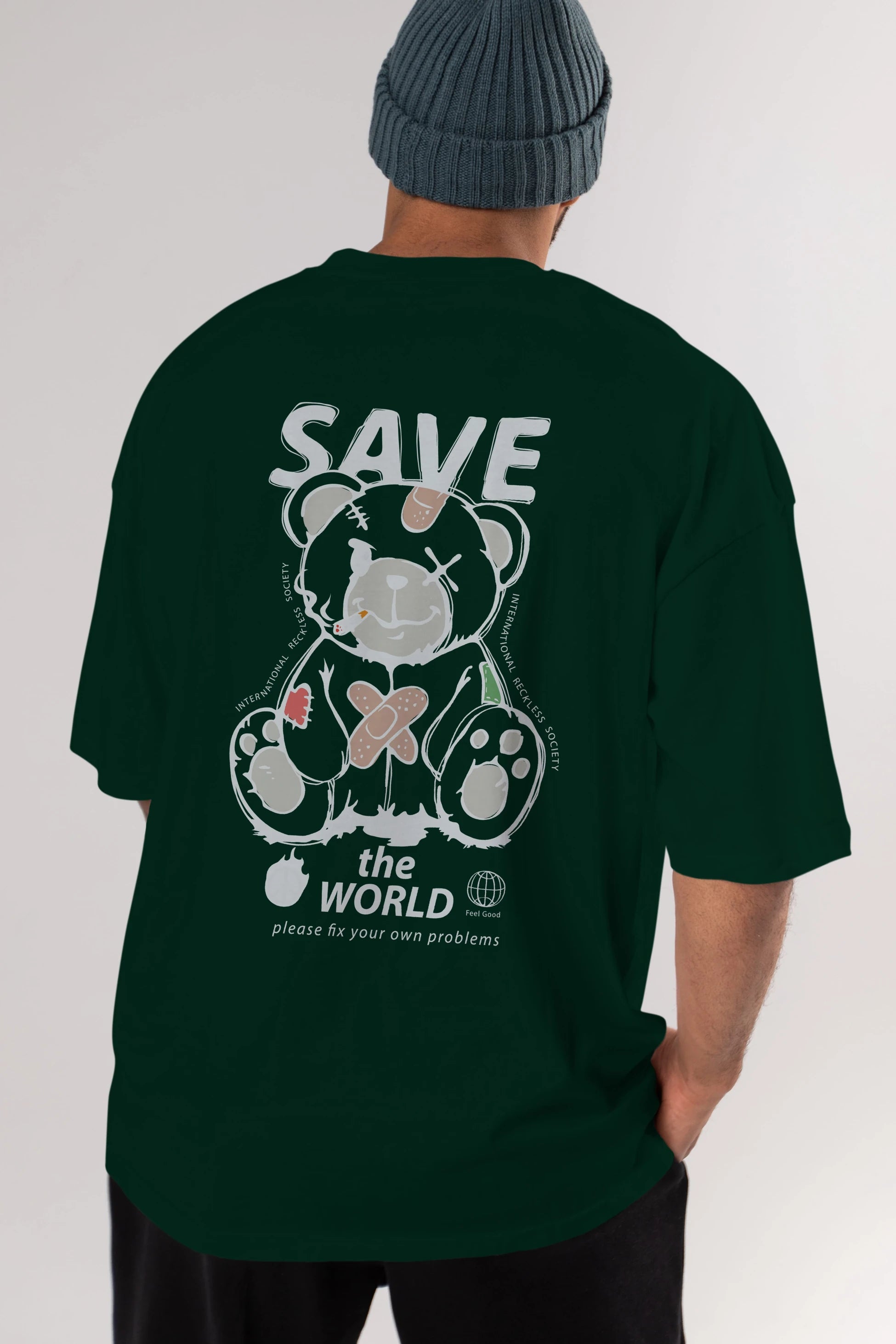 Save the World Bear Arka Baskılı Oversize t-shirt Erkek Kadın Unisex