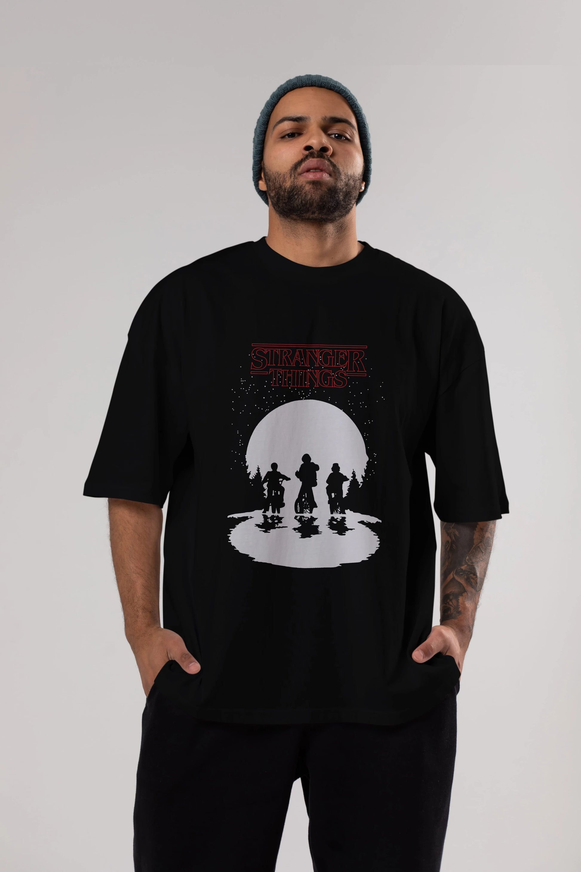 Stranger Things Ön Baskılı Oversize t-shirt Erkek Kadın Unisex %100 Pamuk Bisiklet Yaka tişort