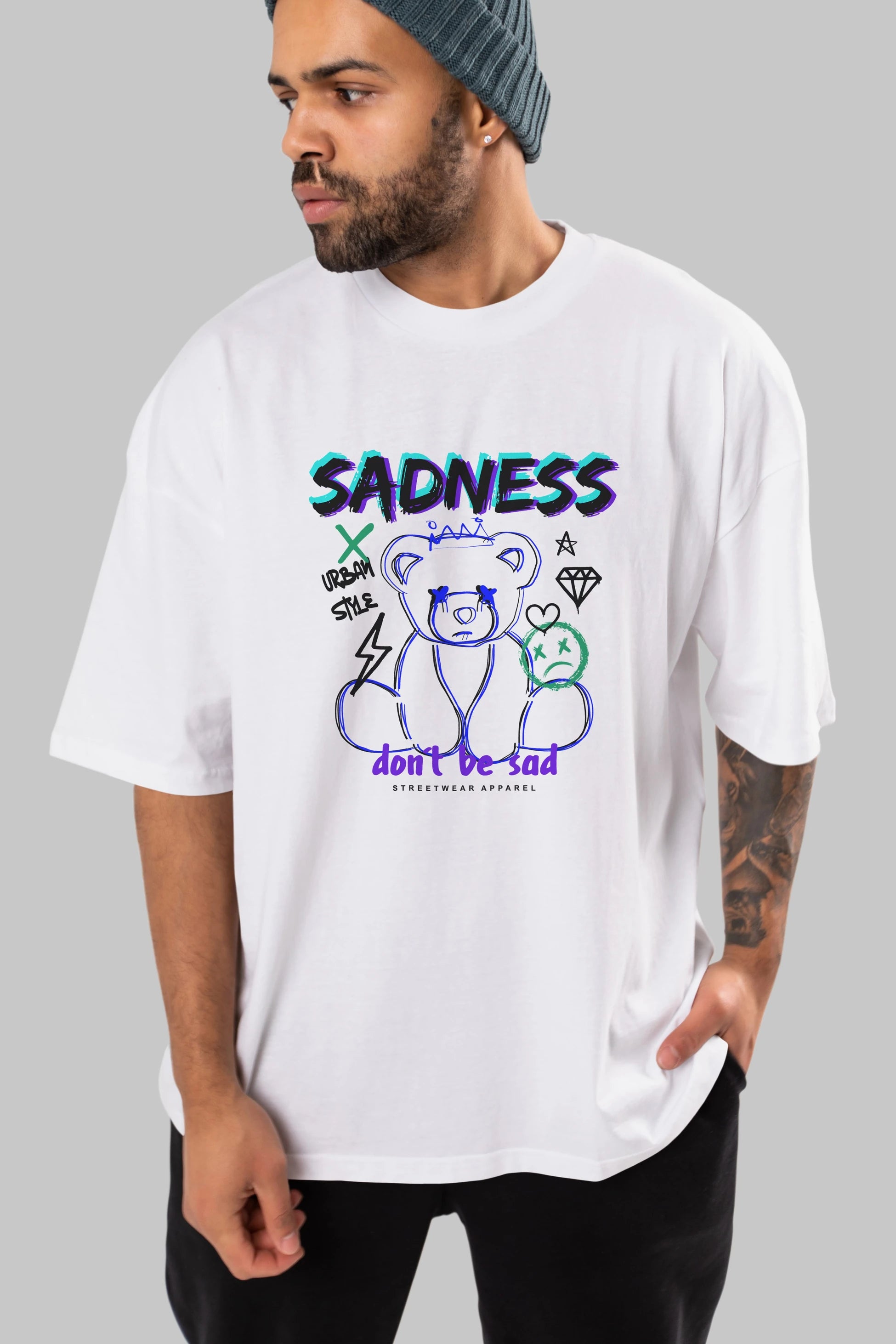 Teddy Bear Sadness Ön Baskılı Oversize t-shirt Erkek Kadın Unisex