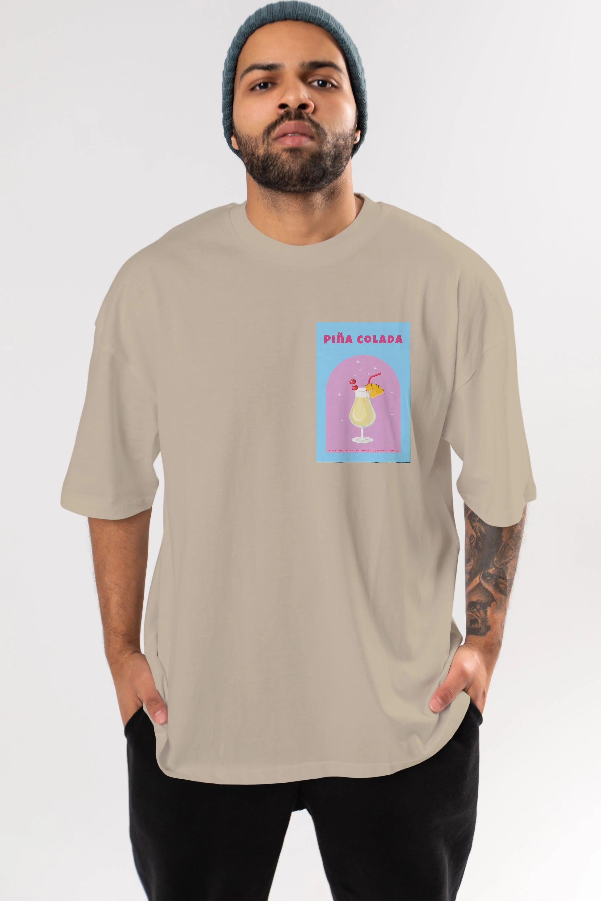 Pina Colada 2 Ön Sol Baskılı Oversize t-shirt Erkek Kadın Unisex %100 Pamuk Bisiklet Yaka tişort