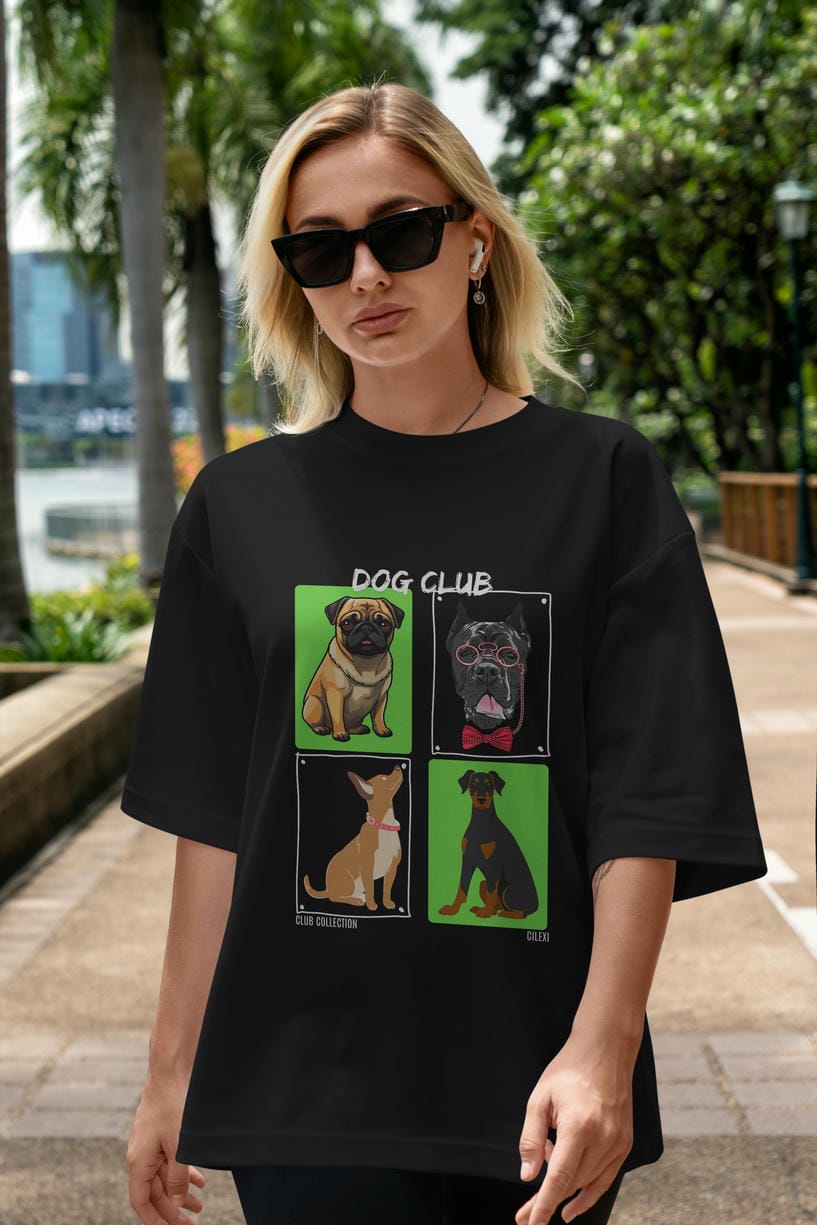 Dog Club ön Baskılı Oversize t-shirt Erkek Kadın %100 Pamuk Bisiklet Yaka tişort