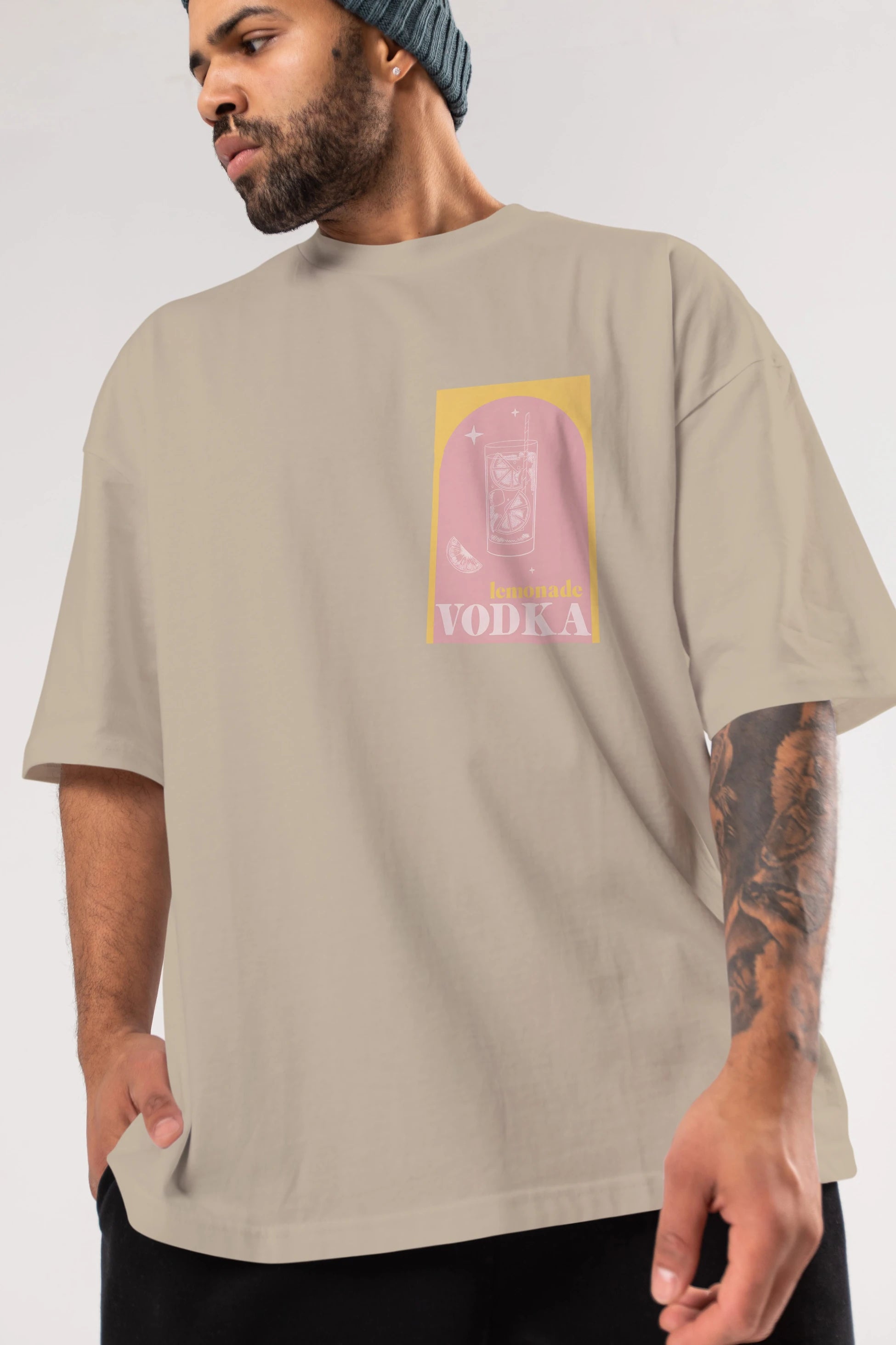 Vodka Limon Ön Sol Baskılı Oversize t-shirt Erkek Kadın Unisex %100 Pamuk Bisiklet Yaka tişort