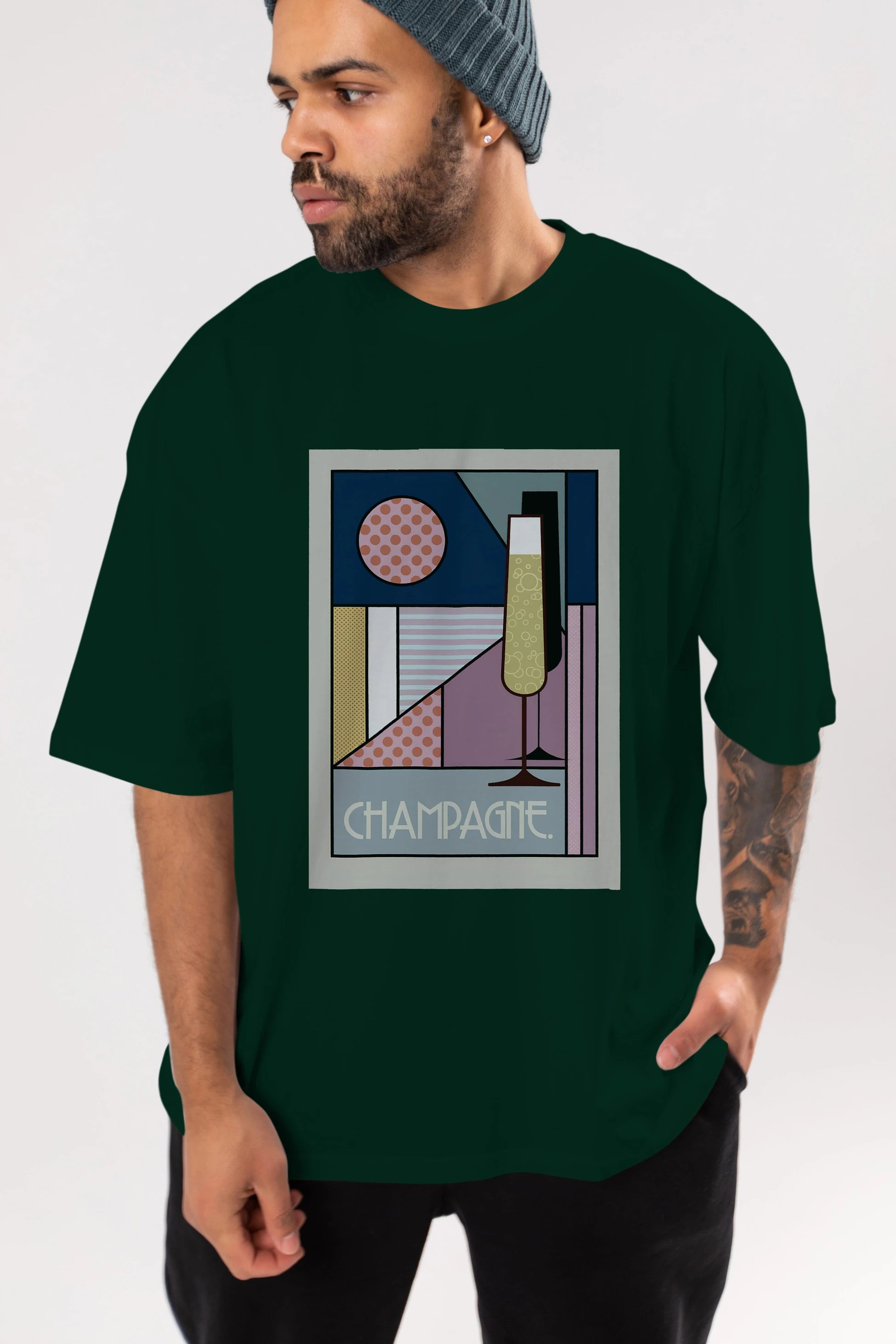 Champagne Ön Baskılı Oversize t-shirt Erkek Kadın Unisex %100 Pamuk Bisiklet Yaka tişort