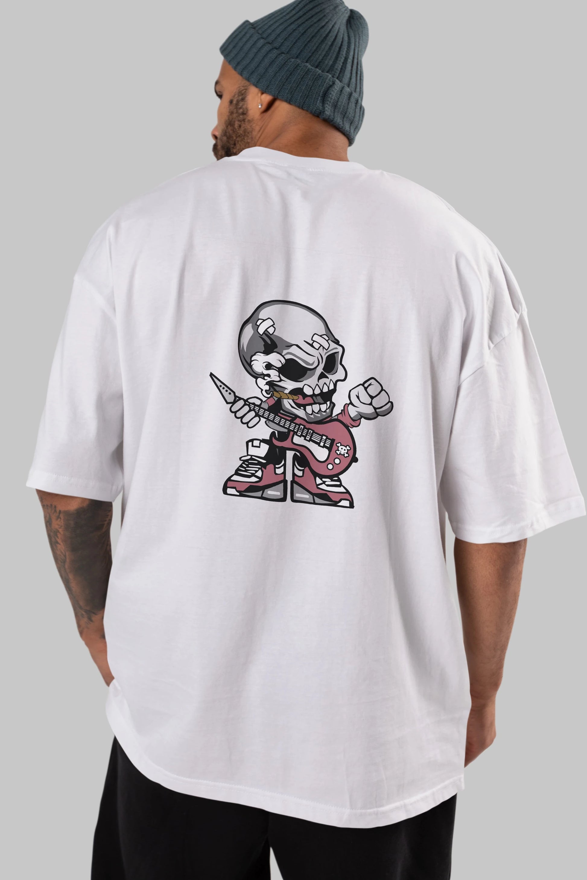 Skull Rockstar Arka Baskılı Oversize t-shirt Erkek Kadın Unisex %100 Pamuk tişort