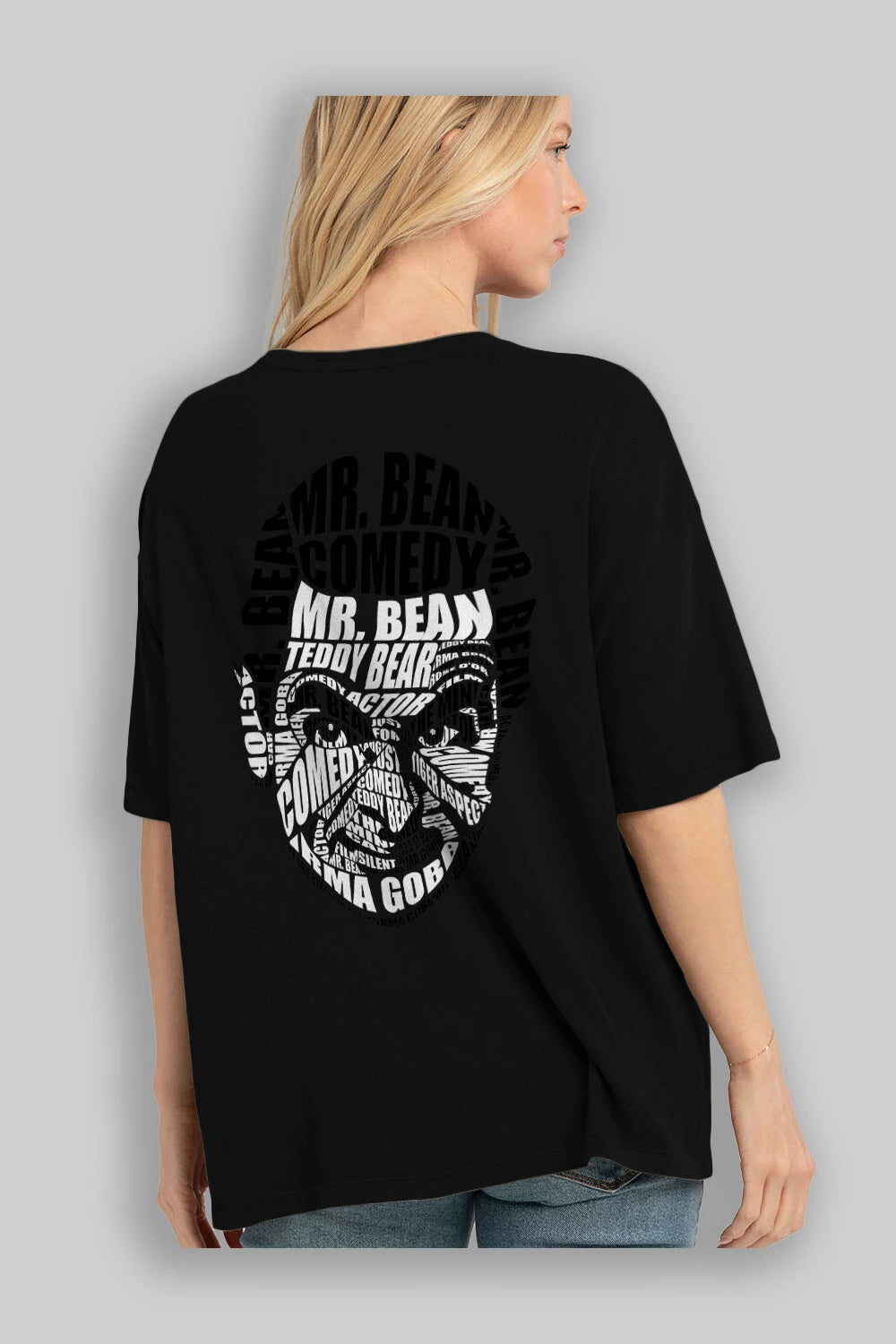 Mr Bean Calligram Arka Baskılı Oversize t-shirt %100 pamuk Erkek Kadın Unisex