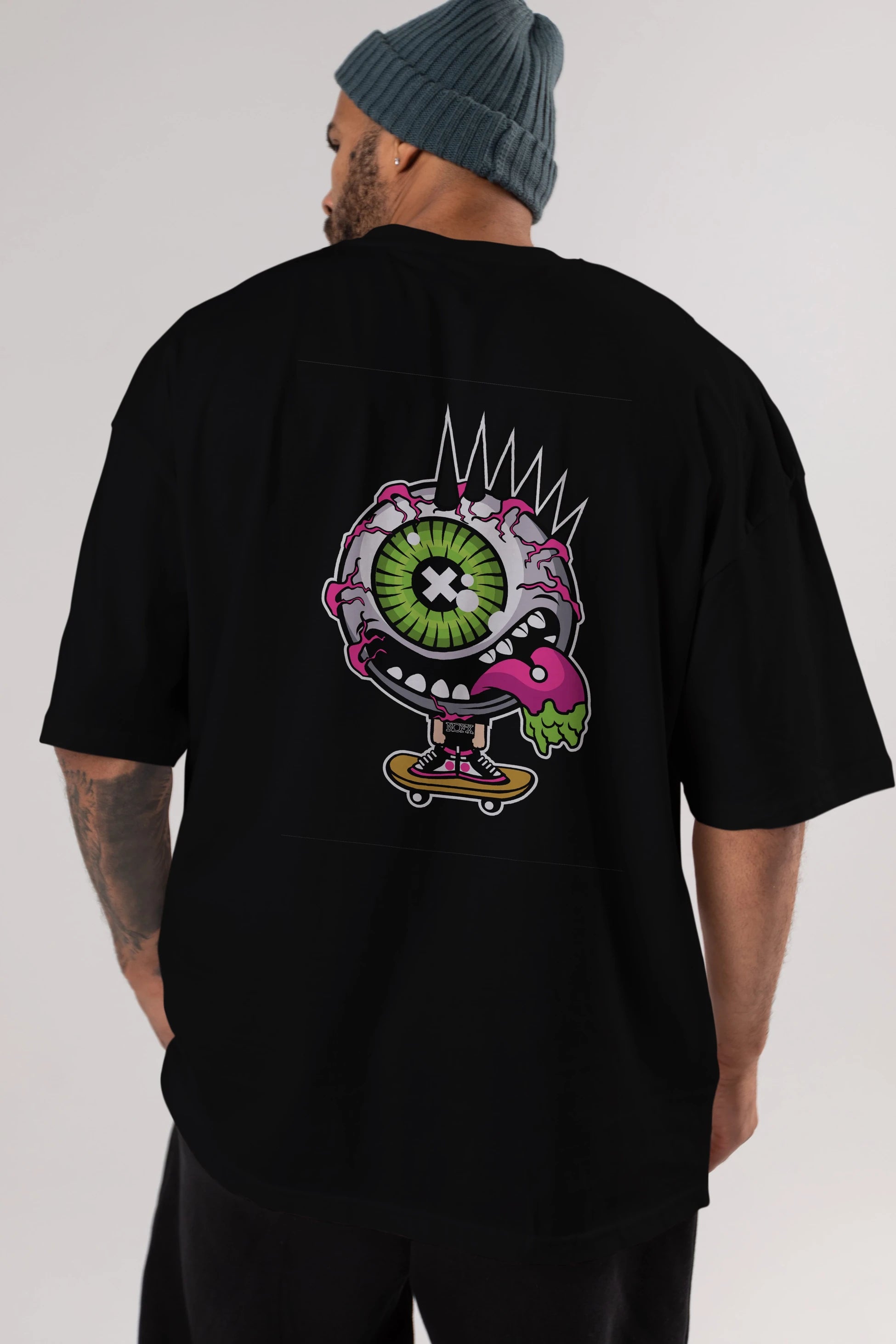 Eye Monster Skater Arka Baskılı Oversize t-shirt Erkek Kadın Unisex %100 Pamuk tişort