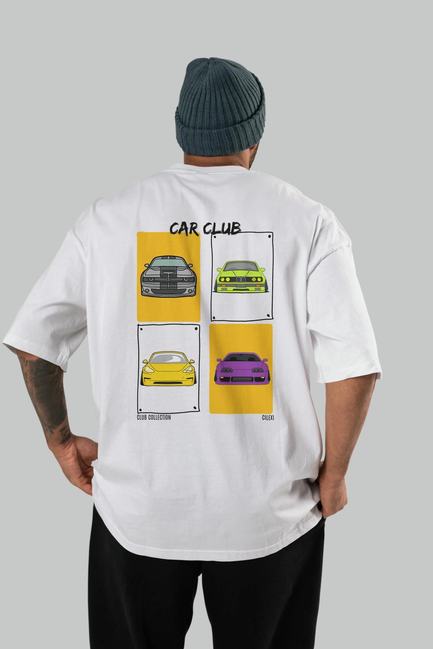 Car Club Arka Baskılı Oversize t-shirt Erkek Kadın %100 Pamuk Bisiklet Yaka tişort