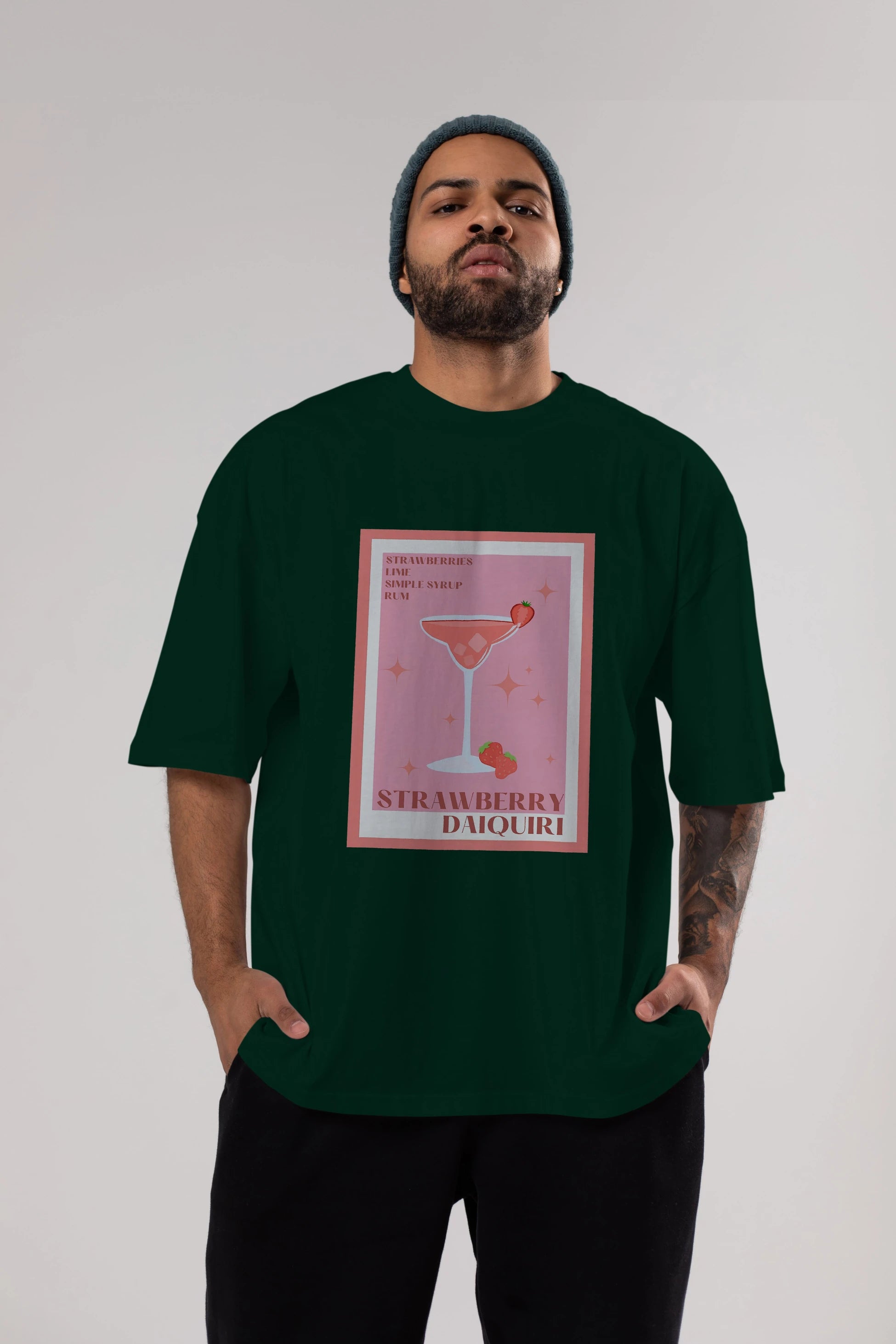 Strawberry Daiquiri Ön Baskılı Oversize t-shirt Erkek Kadın Unisex %100 Pamuk Bisiklet Yaka tişort