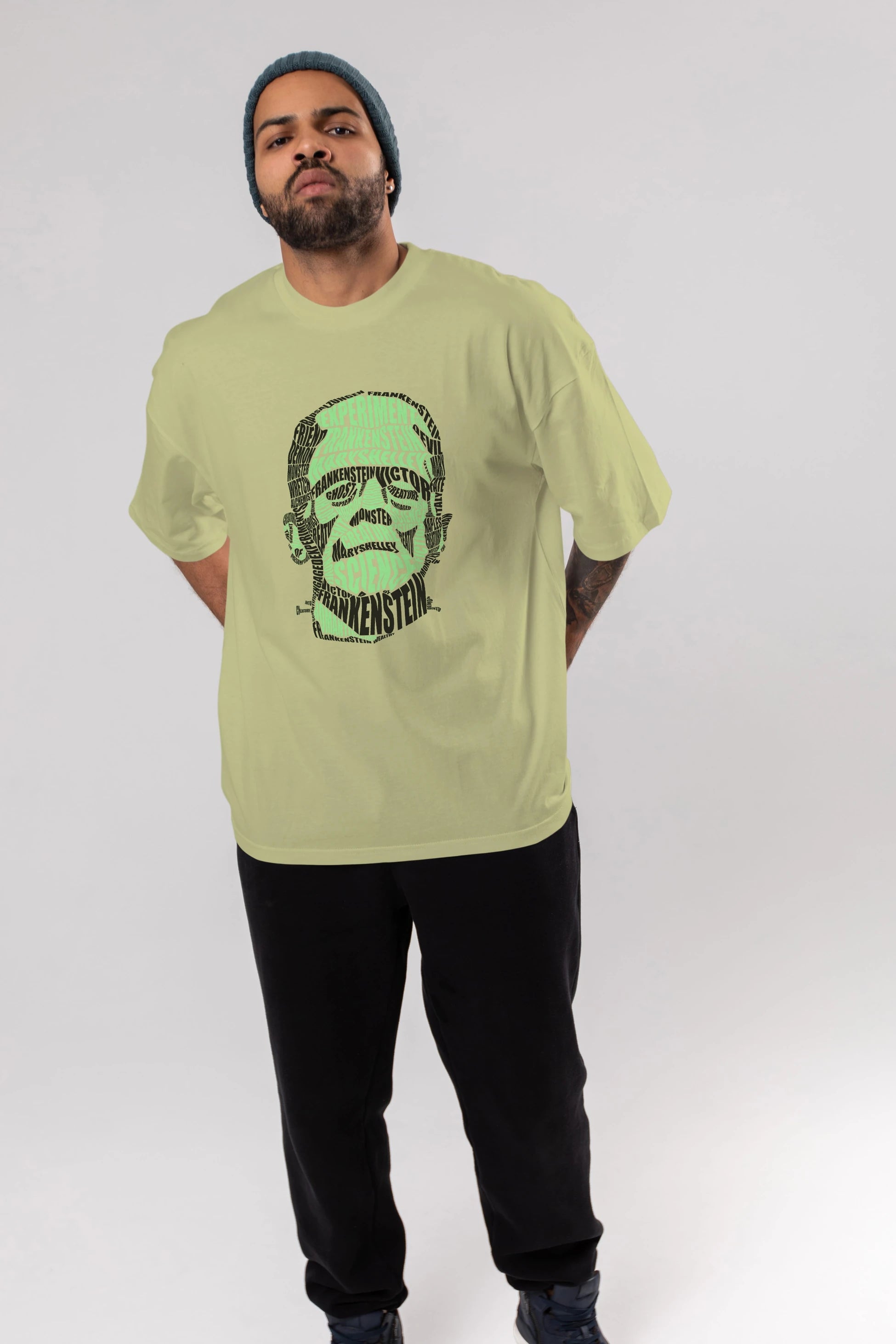 Frankenstein Calligram Ön Baskılı Oversize t-shirt %100 pamuk Erkek Kadın Unisex