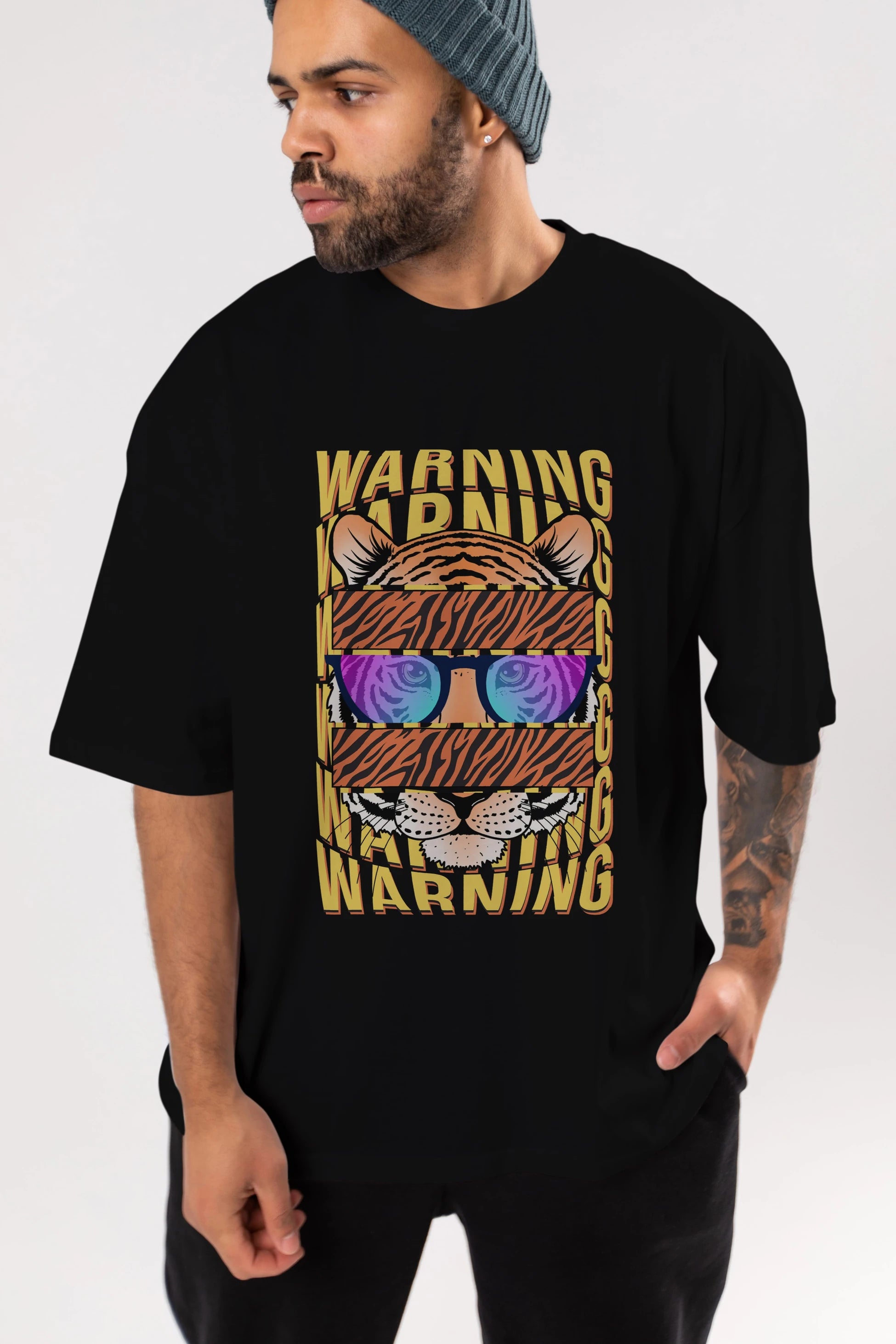 Warning Yazılı Ön Baskılı Oversize t-shirt Erkek Kadın Unisex