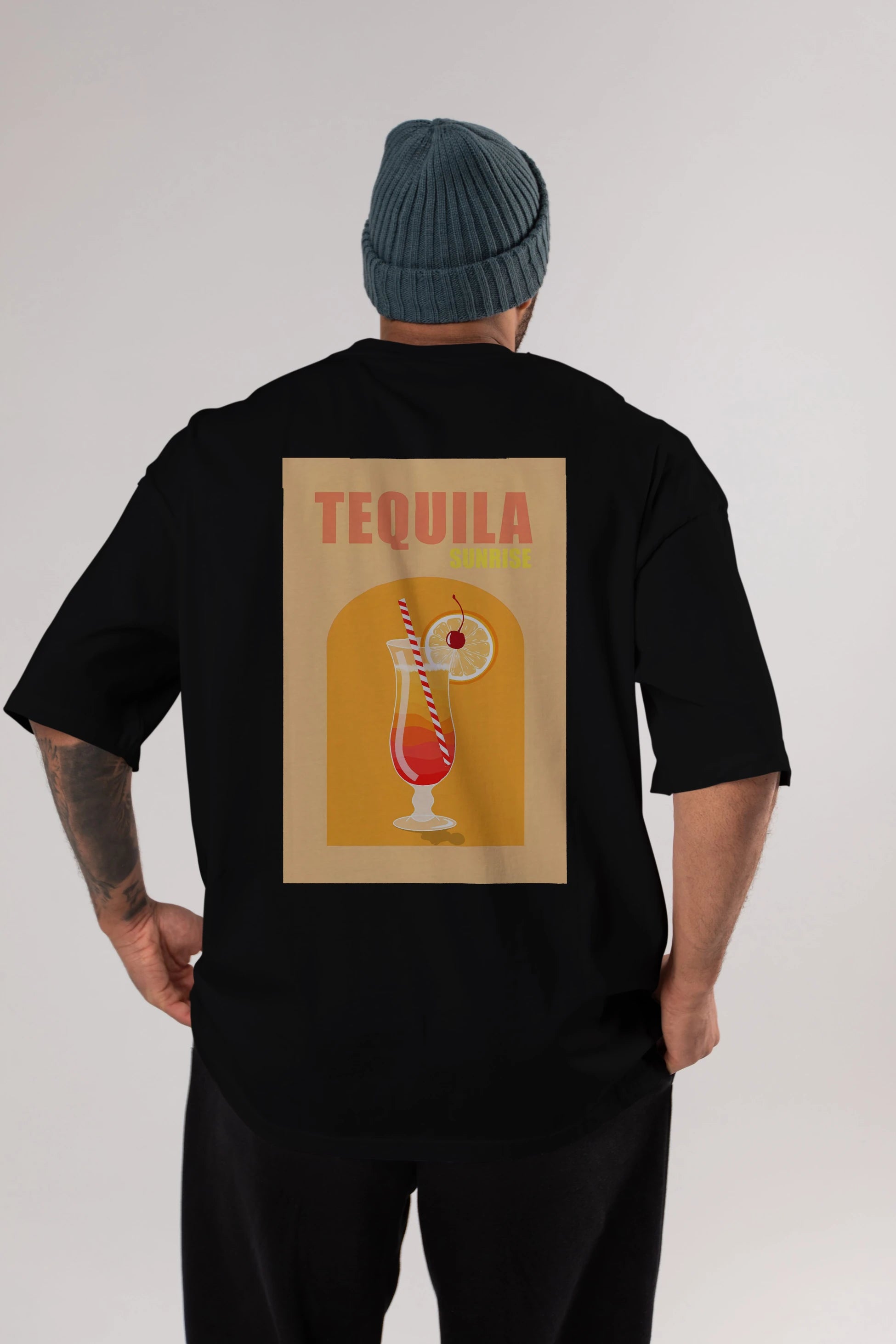 Tequila Sunrise Arka Baskılı Oversize t-shirt Erkek Kadın Unisex %100 Pamuk Bisiklet Yaka tişort