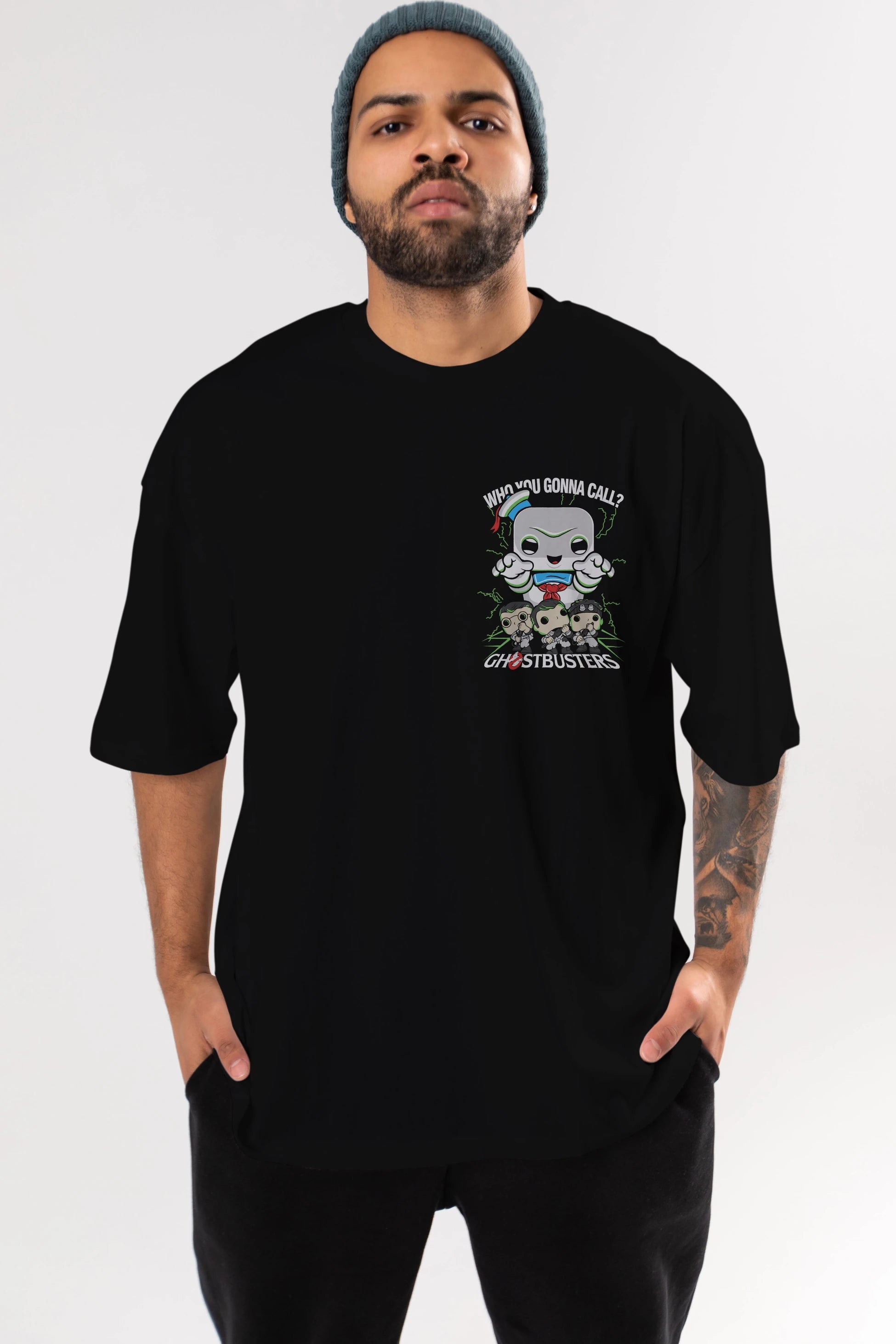 Ghostbusters Ön Sol Baskılı Oversize t-shirt Erkek Kadın Unisex %100 Pamuk Bisiklet Yaka tişort