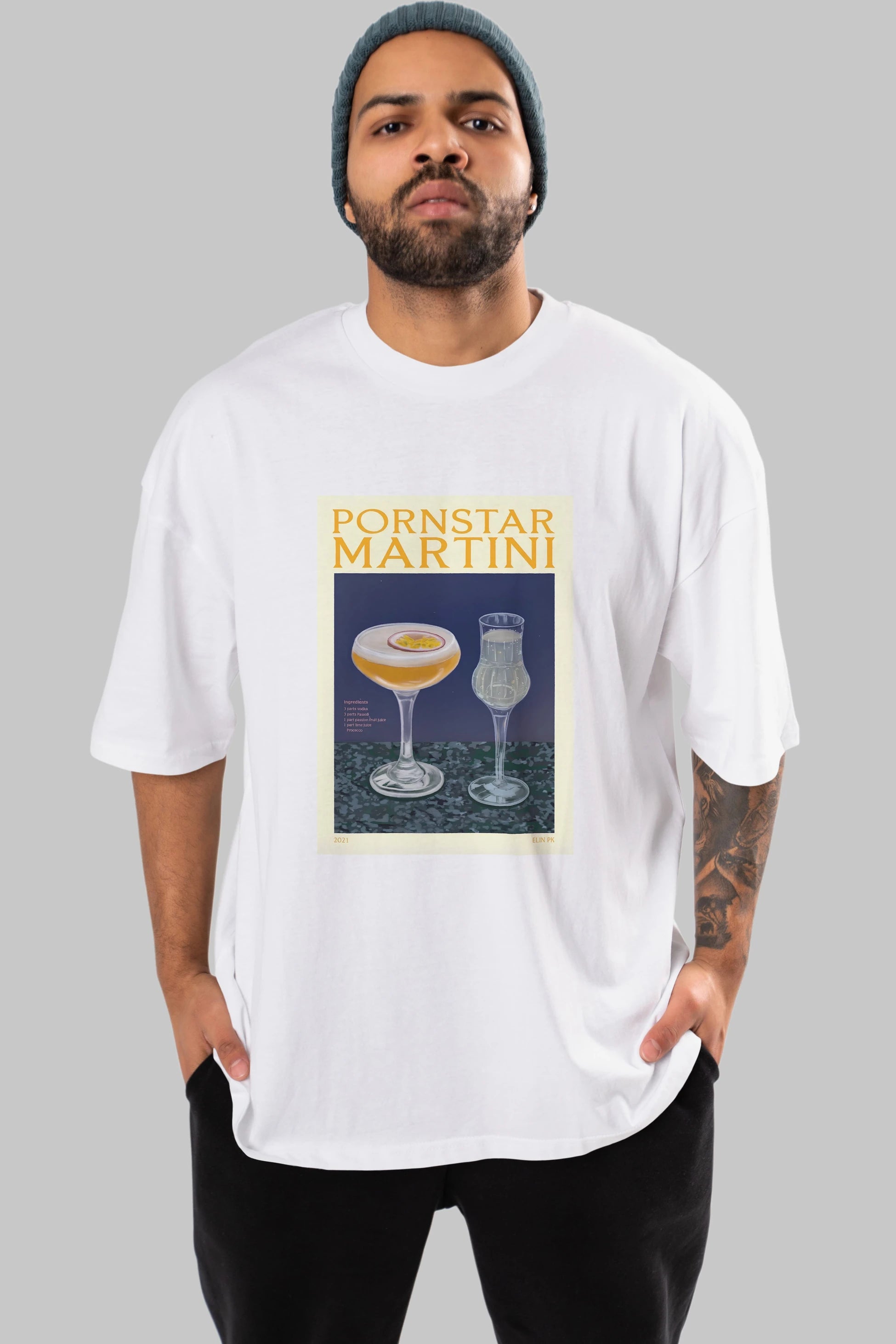 P.rnstar Martini Ön Baskılı Oversize t-shirt Erkek Kadın Unisex %100 Pamuk Bisiklet Yaka tişort