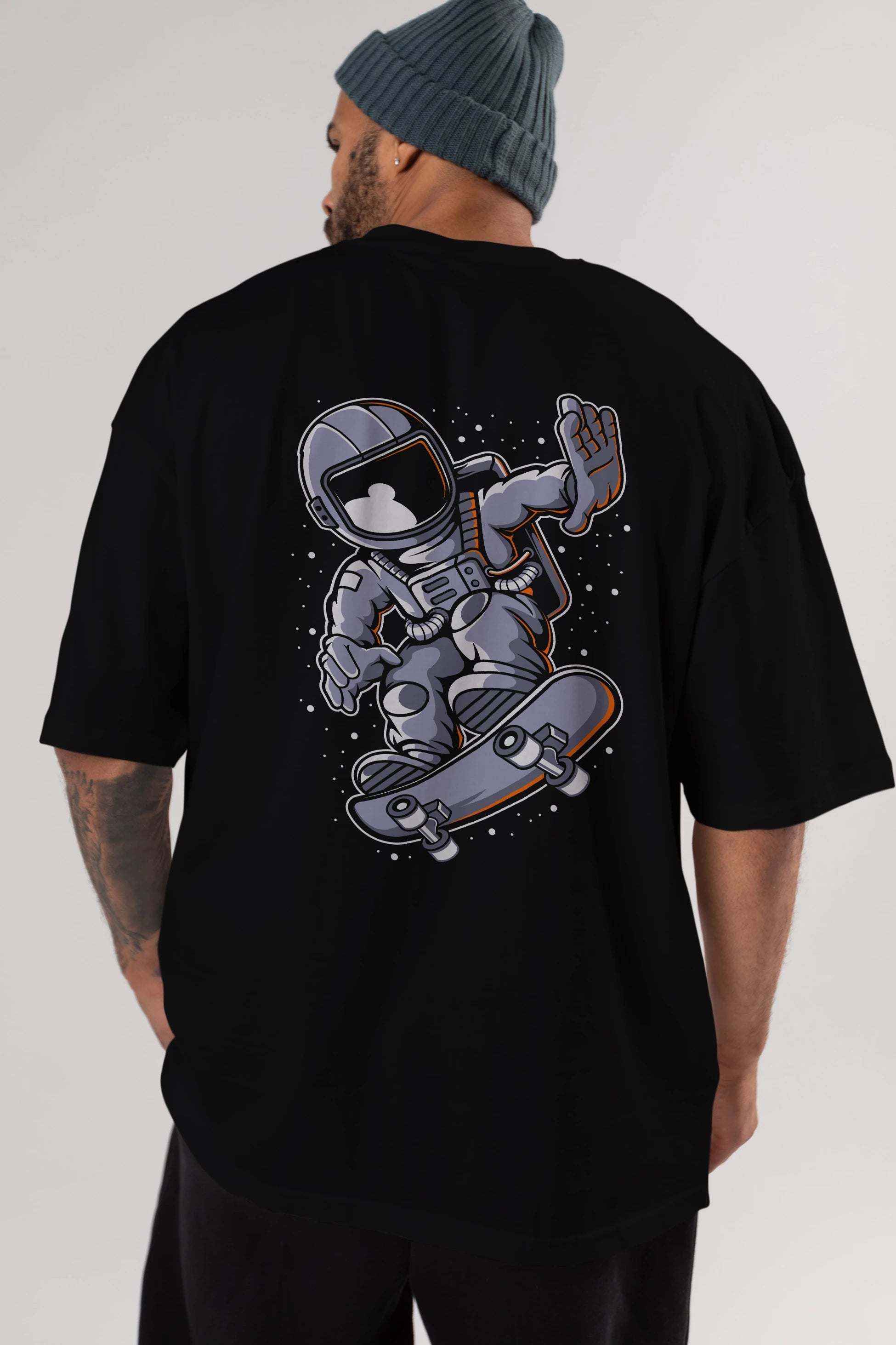 Astronaut Skateboard Arka Baskılı Oversize t-shirt Erkek Kadın Unisex