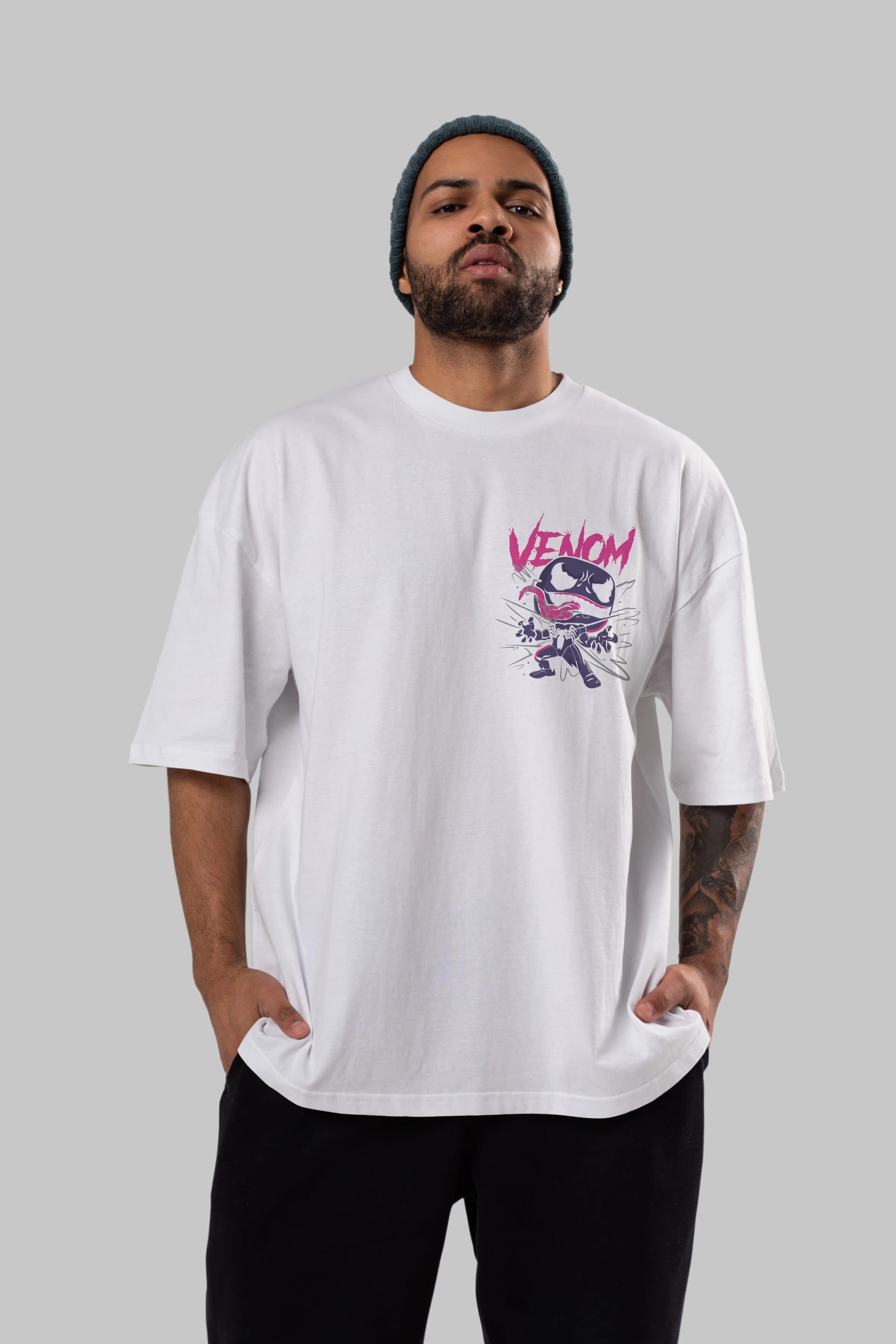Venom (20) Ön Sol Baskılı Oversize t-shirt Erkek Kadın Unisex %100 Pamuk Bisiklet Yaka tişort