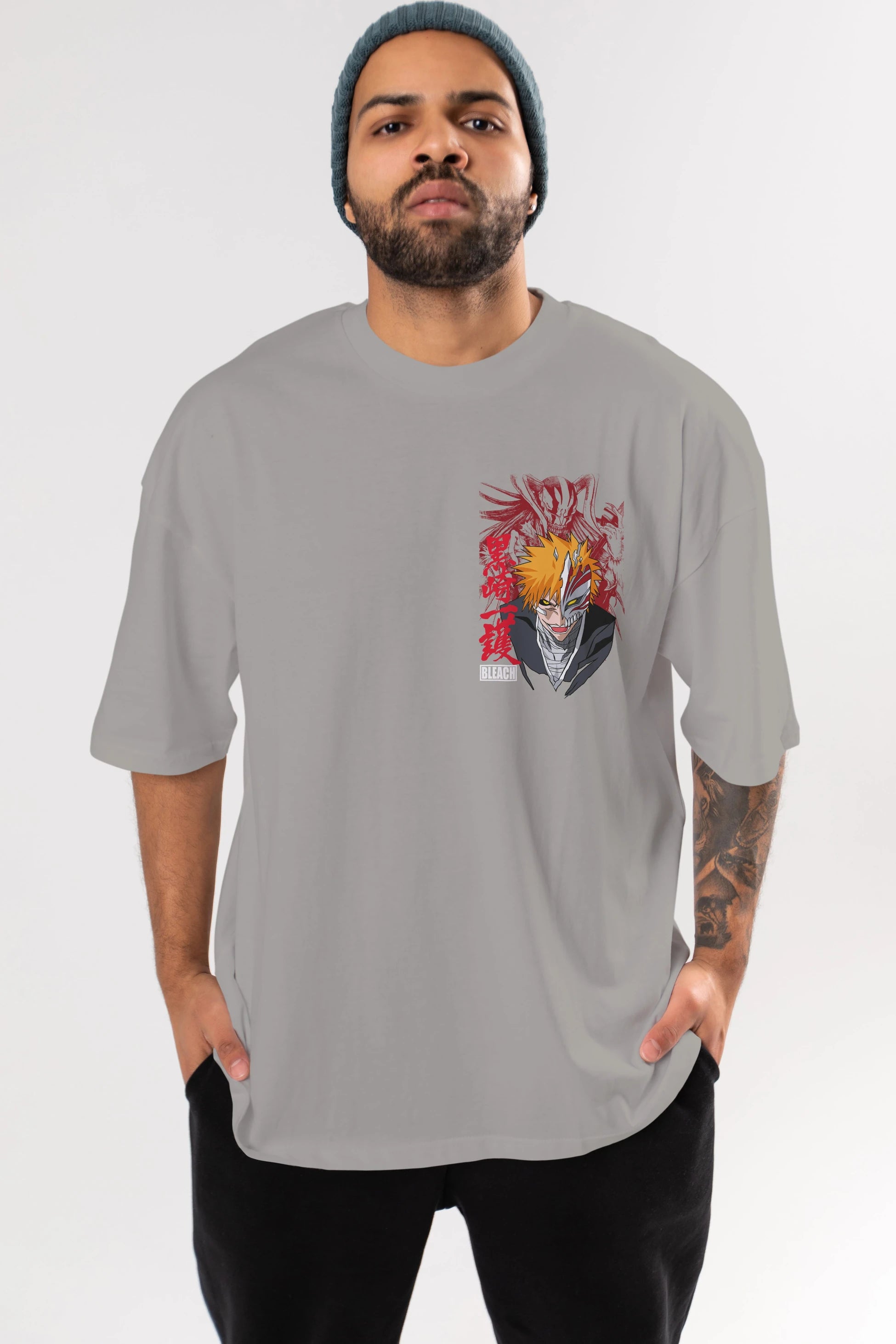 ICHIGO KUROSAKI VIZARD Ön Sol Baskılı Oversize t-shirt Erkek Kadın Unisex %100 Pamuk Bisiklet Yaka tişort