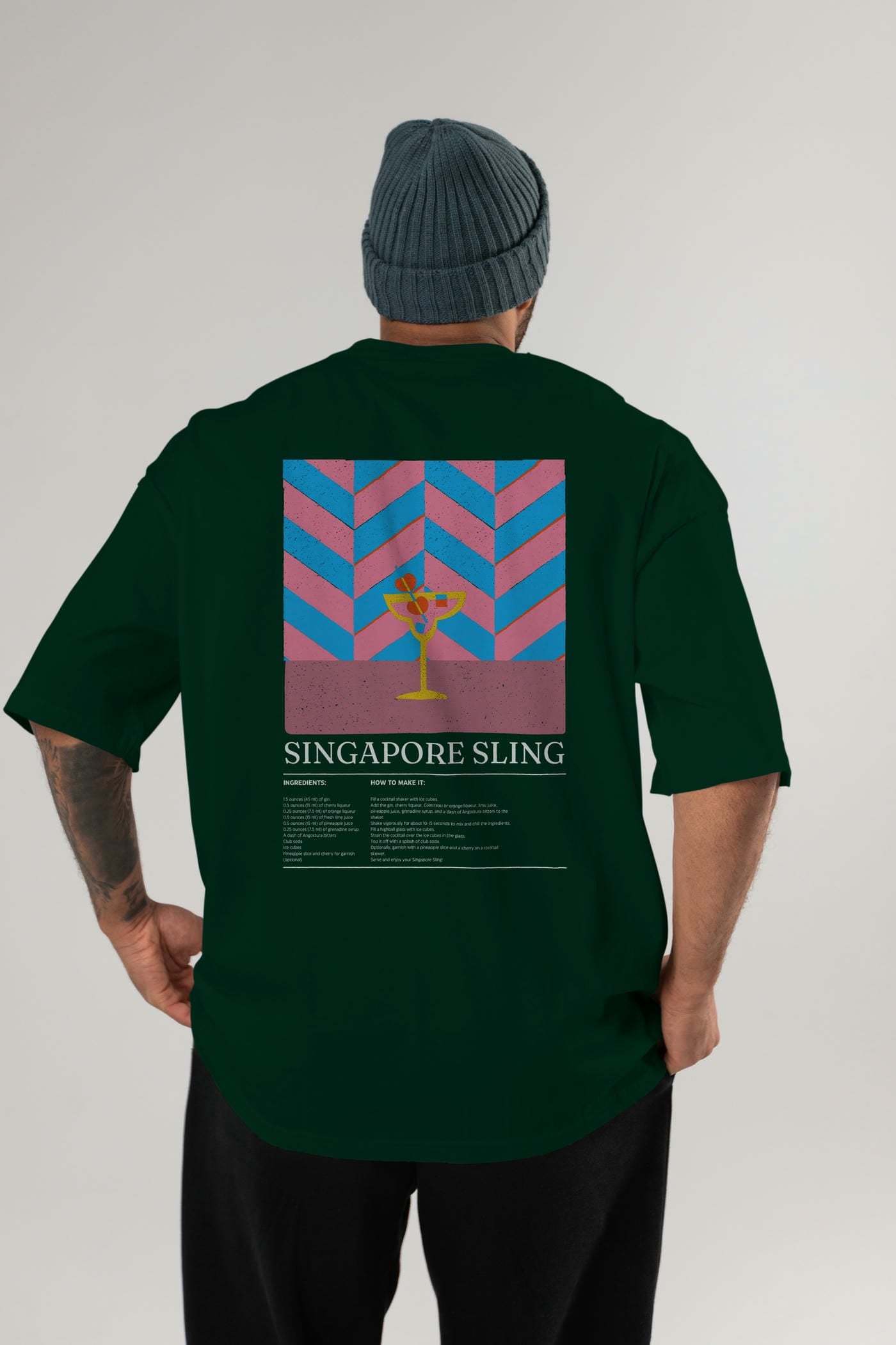Singapore Sling Kokteyl Serisi Arka Baskılı Oversize t-shirt Erkek Kadın %100 Pamuk Bisiklet Yaka tişort