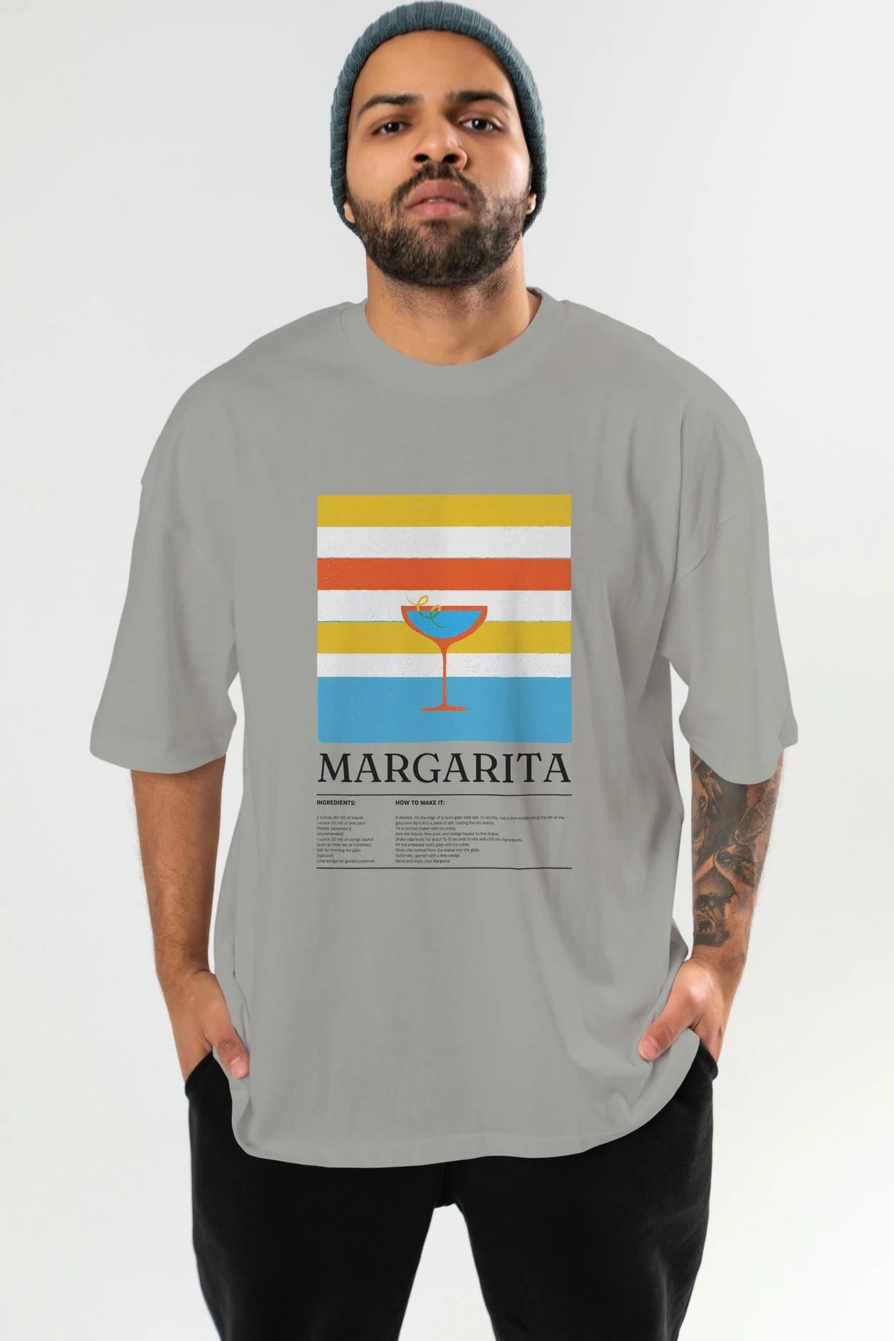 Margarita Kokteyl Ön Baskılı Oversize t-shirt Erkek Kadın %100 Pamuk Bisiklet Yaka tişort