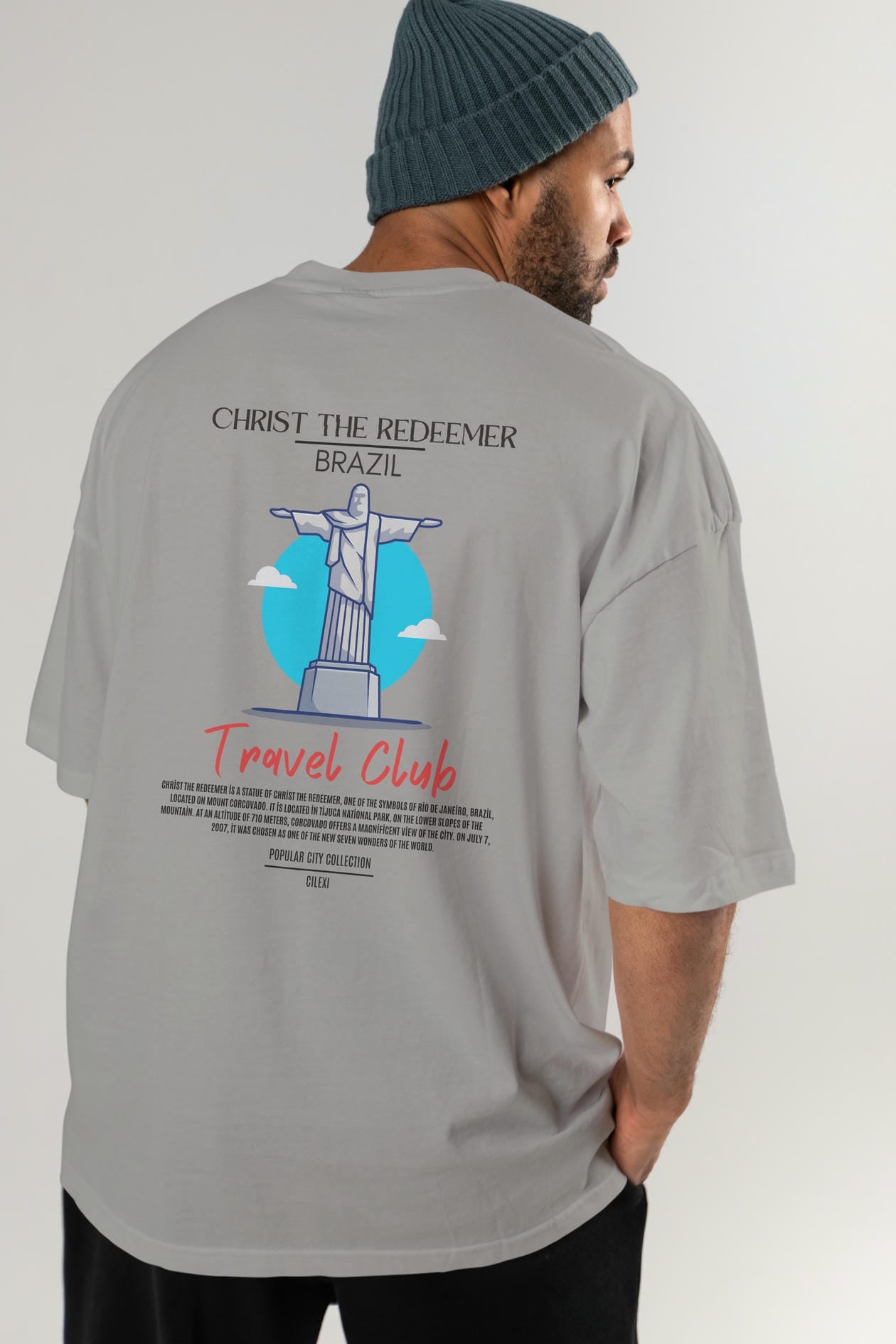 Christ The Redeemer Brazil Arka Baskılı Oversize t-shirt Erkek Kadın Pamuk Bisiklet Yaka tişort