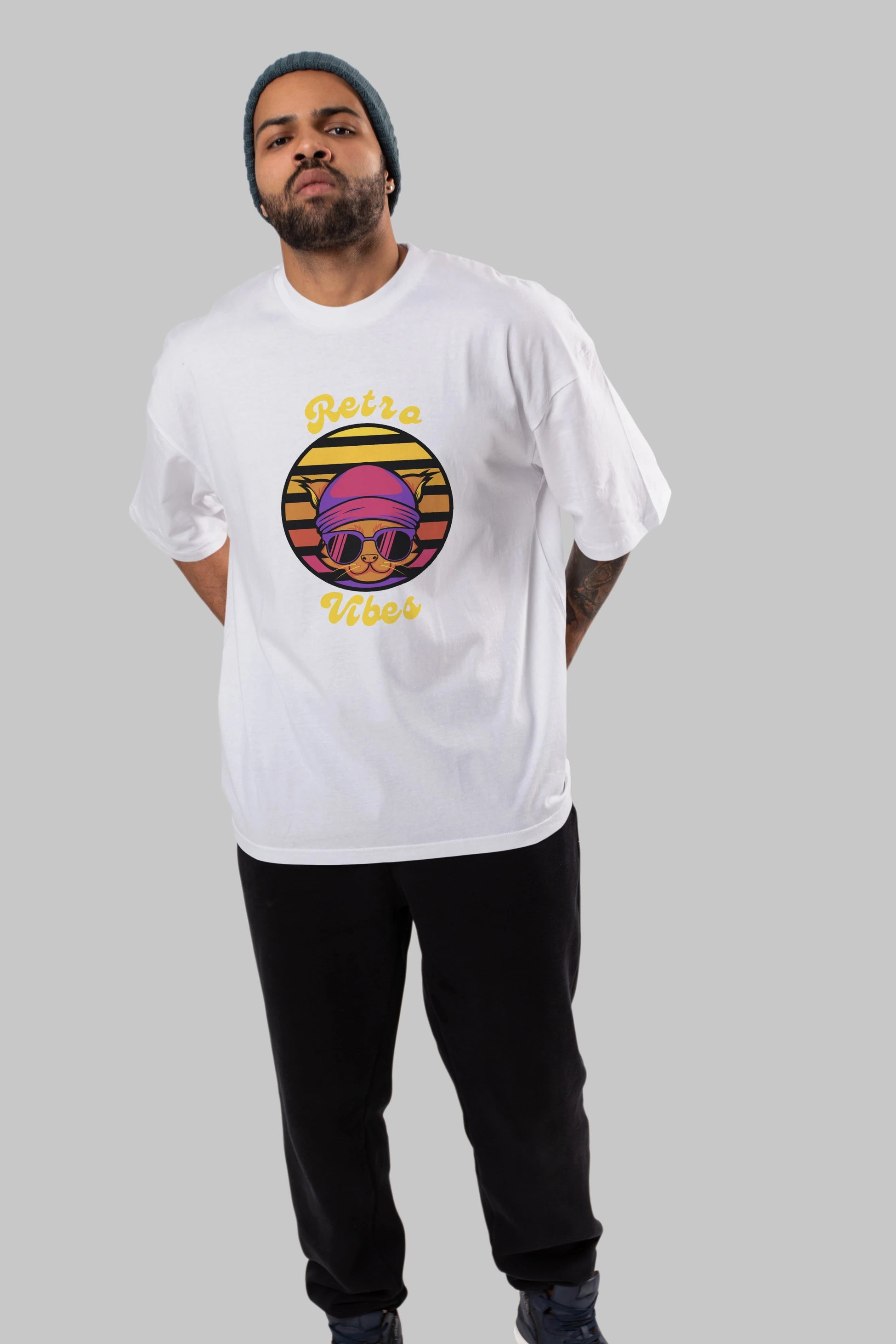 Cat Retro Vibes Ön Baskılı Oversize t-shirt Erkek Kadın Unisex