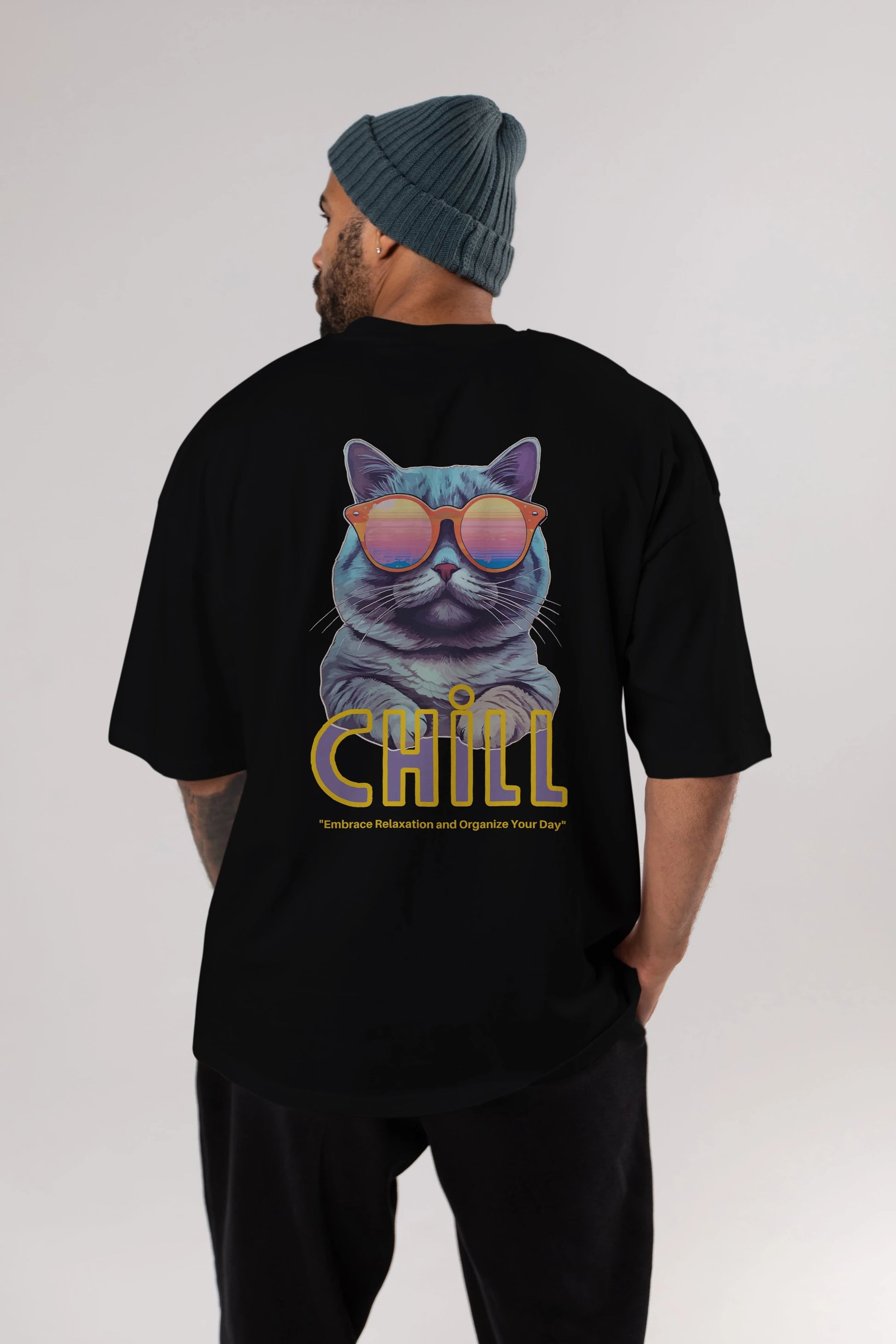 Chill Cat Arka Baskılı Oversize t-shirt Erkek Kadın Unisex