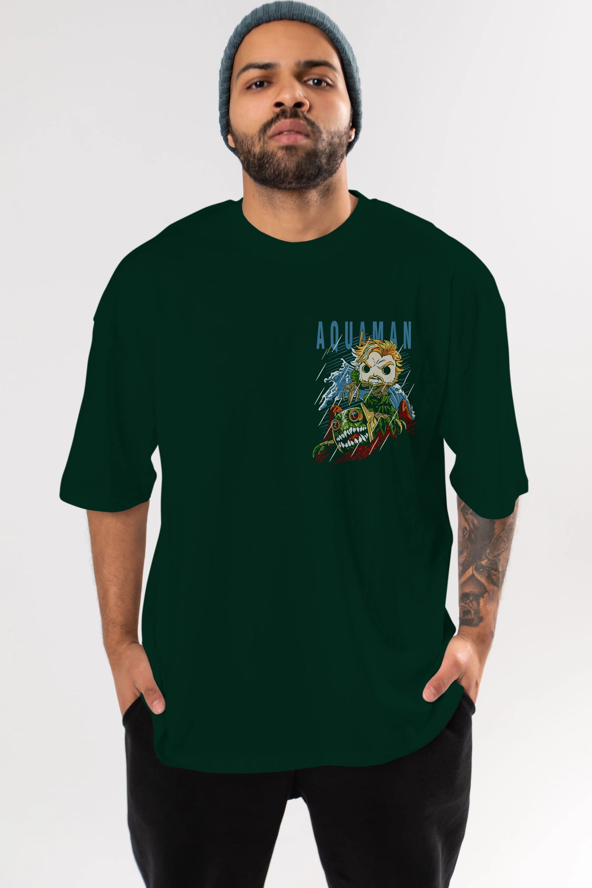 Aquaman Ön Sol Baskılı Oversize t-shirt Erkek Kadın Unisex %100 Pamuk Bisiklet Yaka tişort