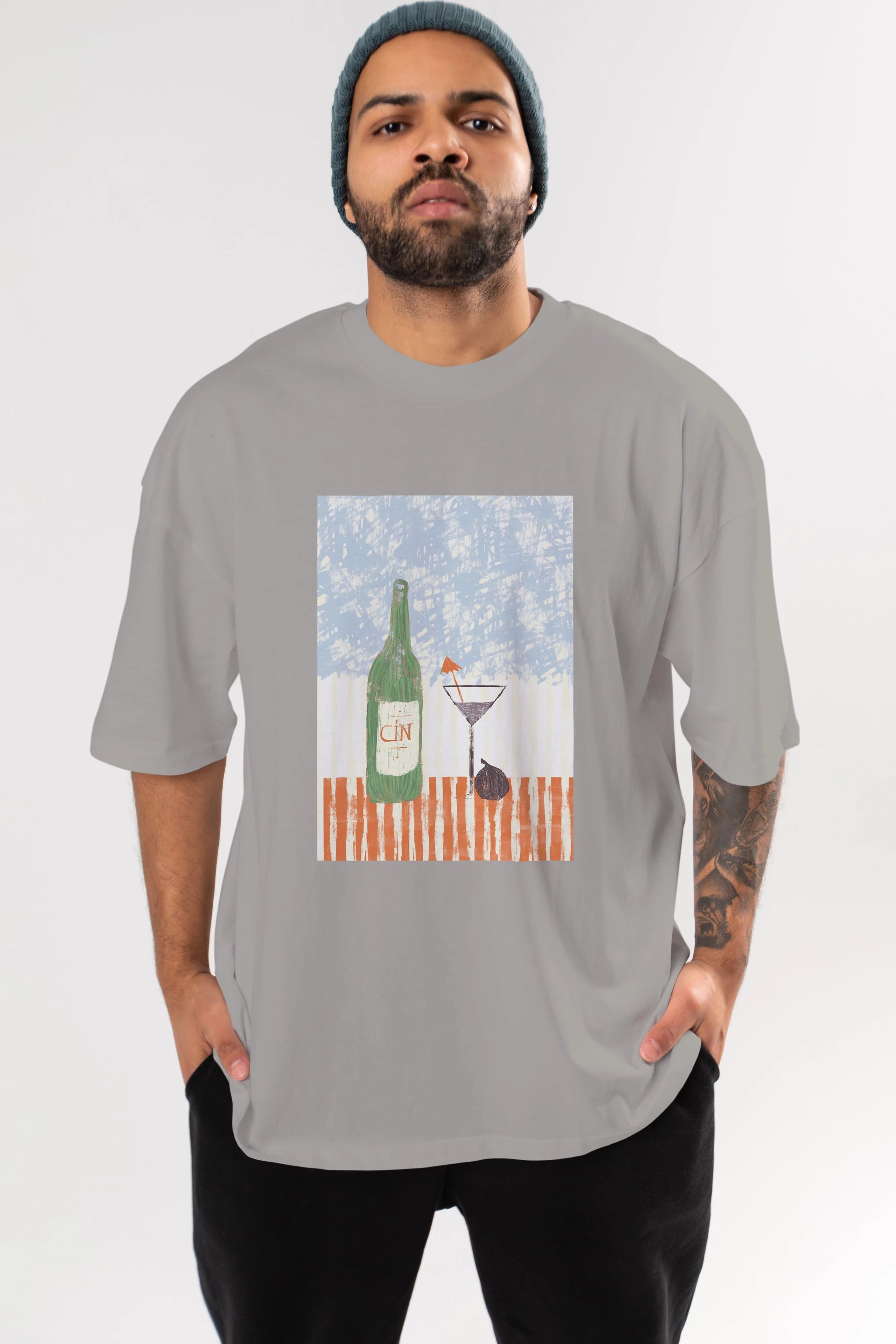 Gin Ön Baskılı Oversize t-shirt Erkek Kadın Unisex %100 Pamuk Bisiklet Yaka tişort