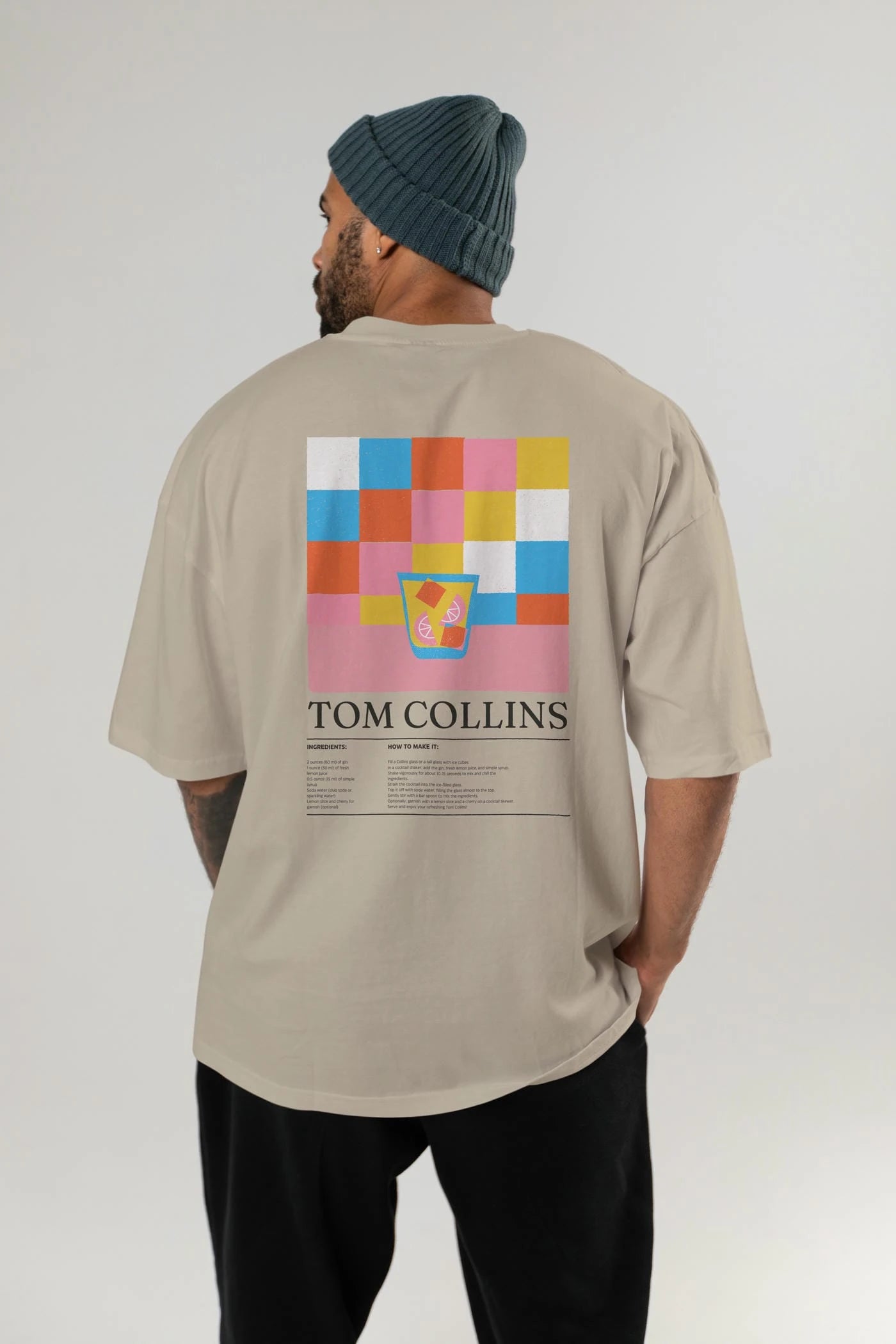 Tom Collins Kokteyl Serisi Arka Baskılı Oversize t-shirt Erkek Kadın %100 Pamuk Bisiklet Yaka tişort