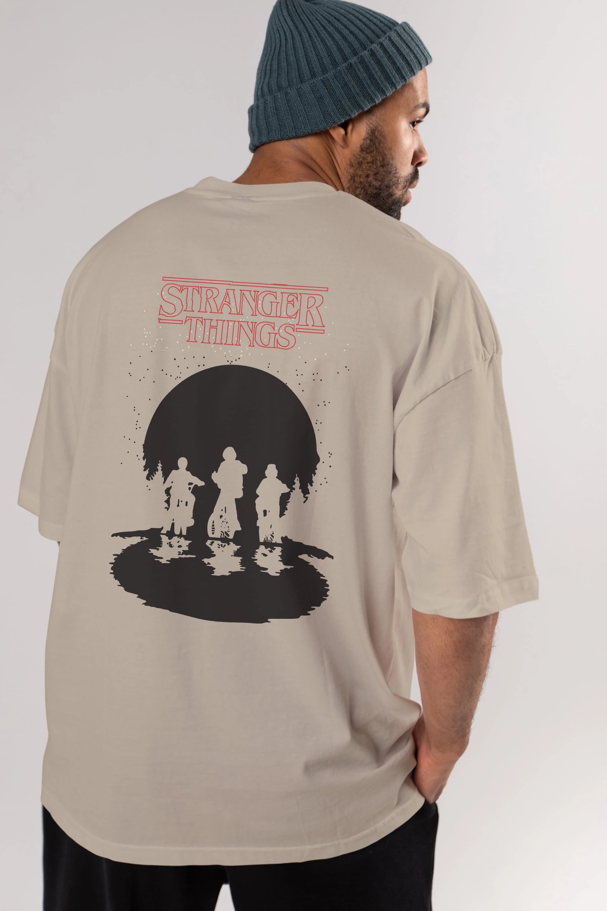 Stranger Things Arka Baskılı Oversize t-shirt Erkek Kadın Unisex %100 Pamuk Bisiklet Yaka tişort