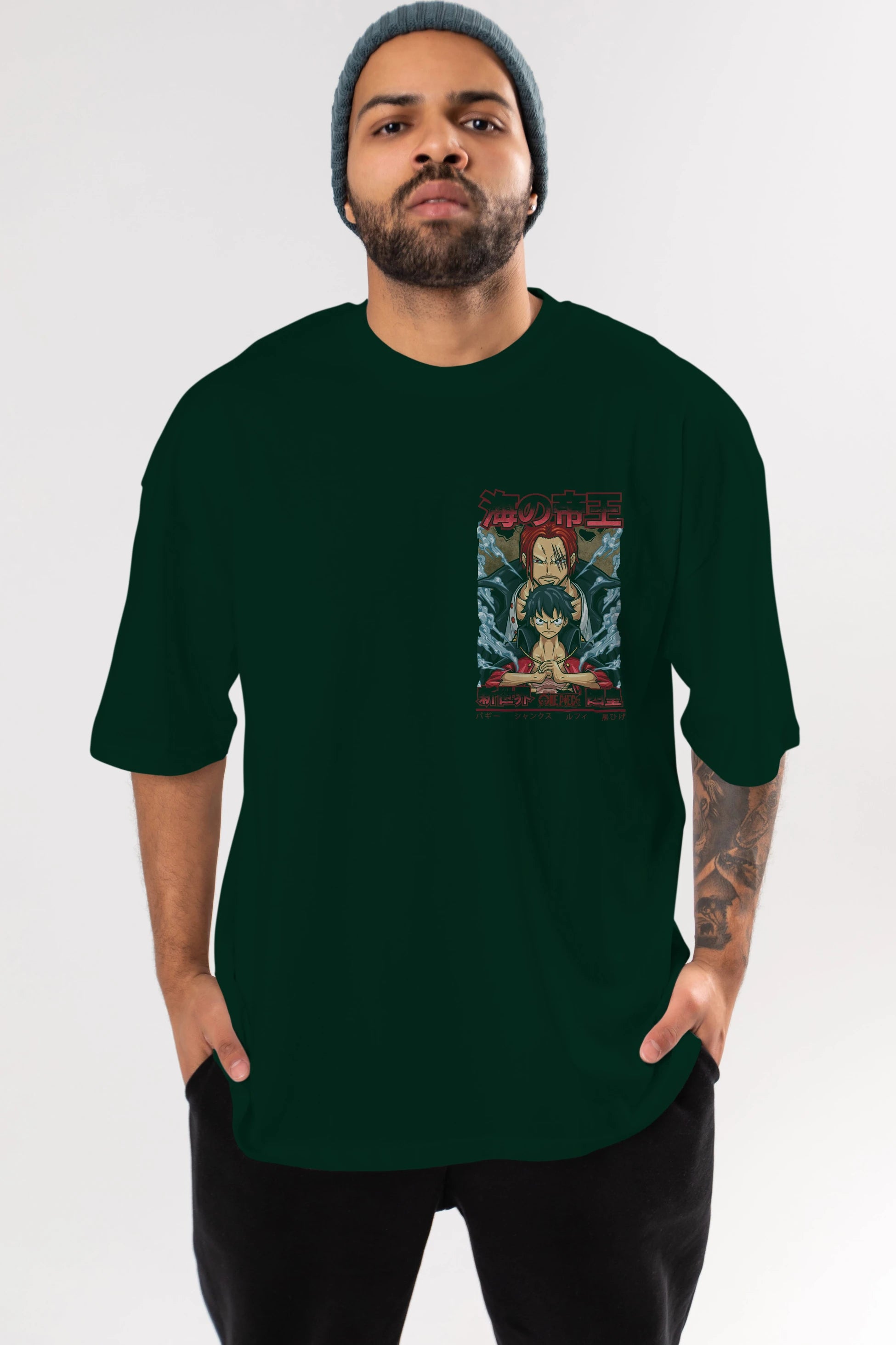 MONKEY D. LUFF and SHANKS Ön Sol Baskılı Oversize t-shirt Erkek Kadın Unisex %100 Pamuk Bisiklet Yaka tişort