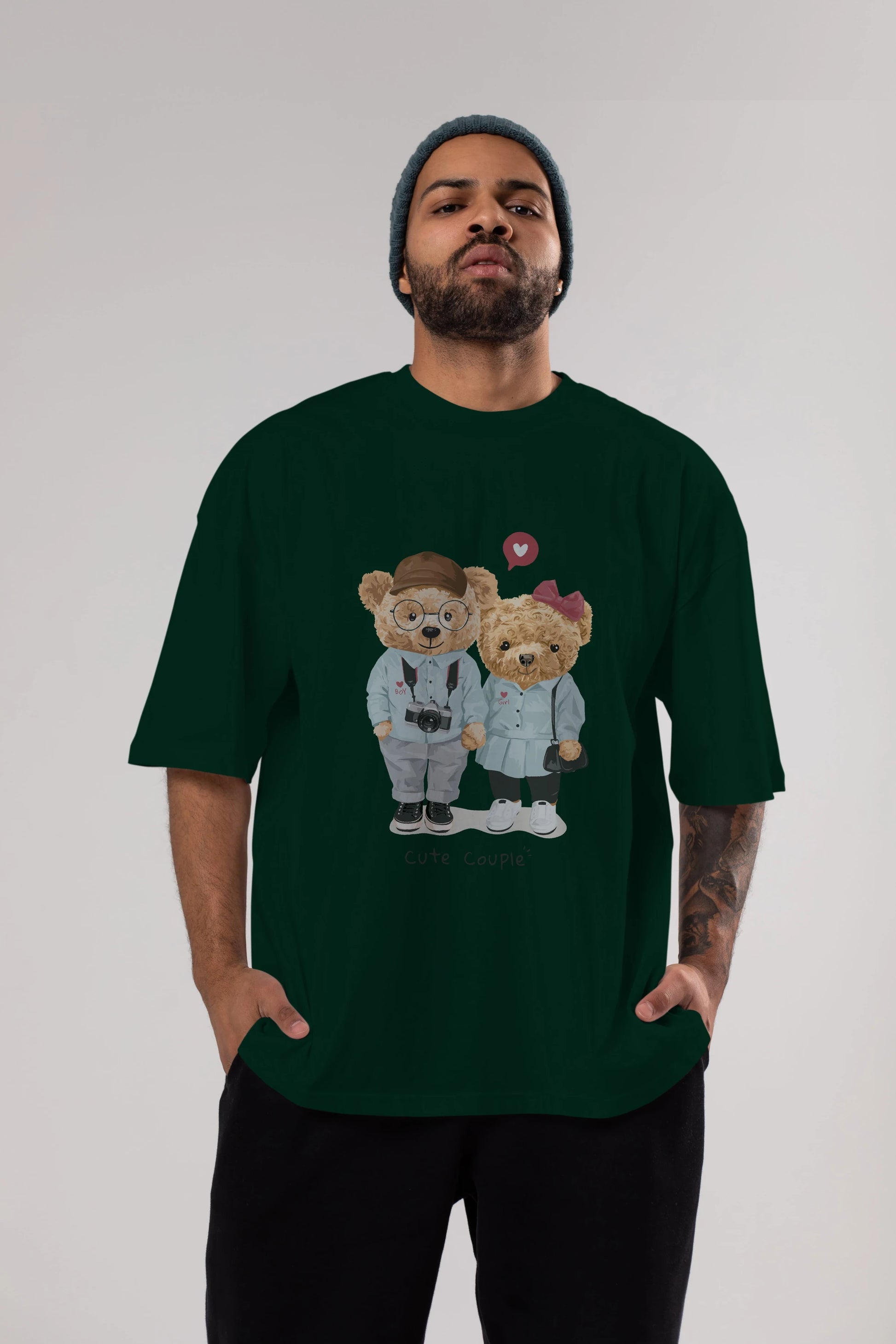 Teddy Bear Cute Couple Ön Baskılı Oversize t-shirt Erkek Kadın Unisex %100 Pamuk