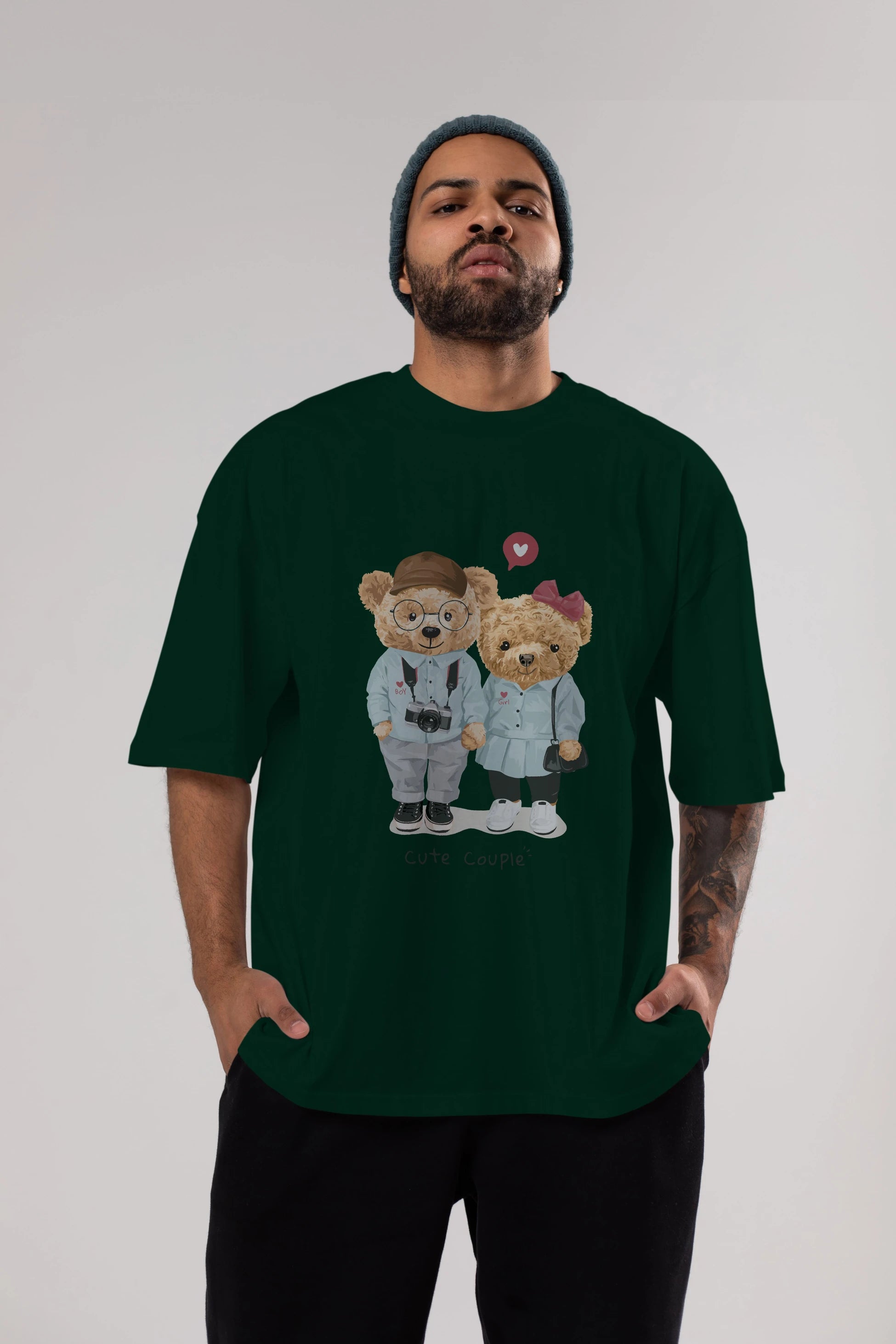 Teddy Bear Cute Couple Ön Baskılı Oversize t-shirt Erkek Kadın Unisex %100 Pamuk