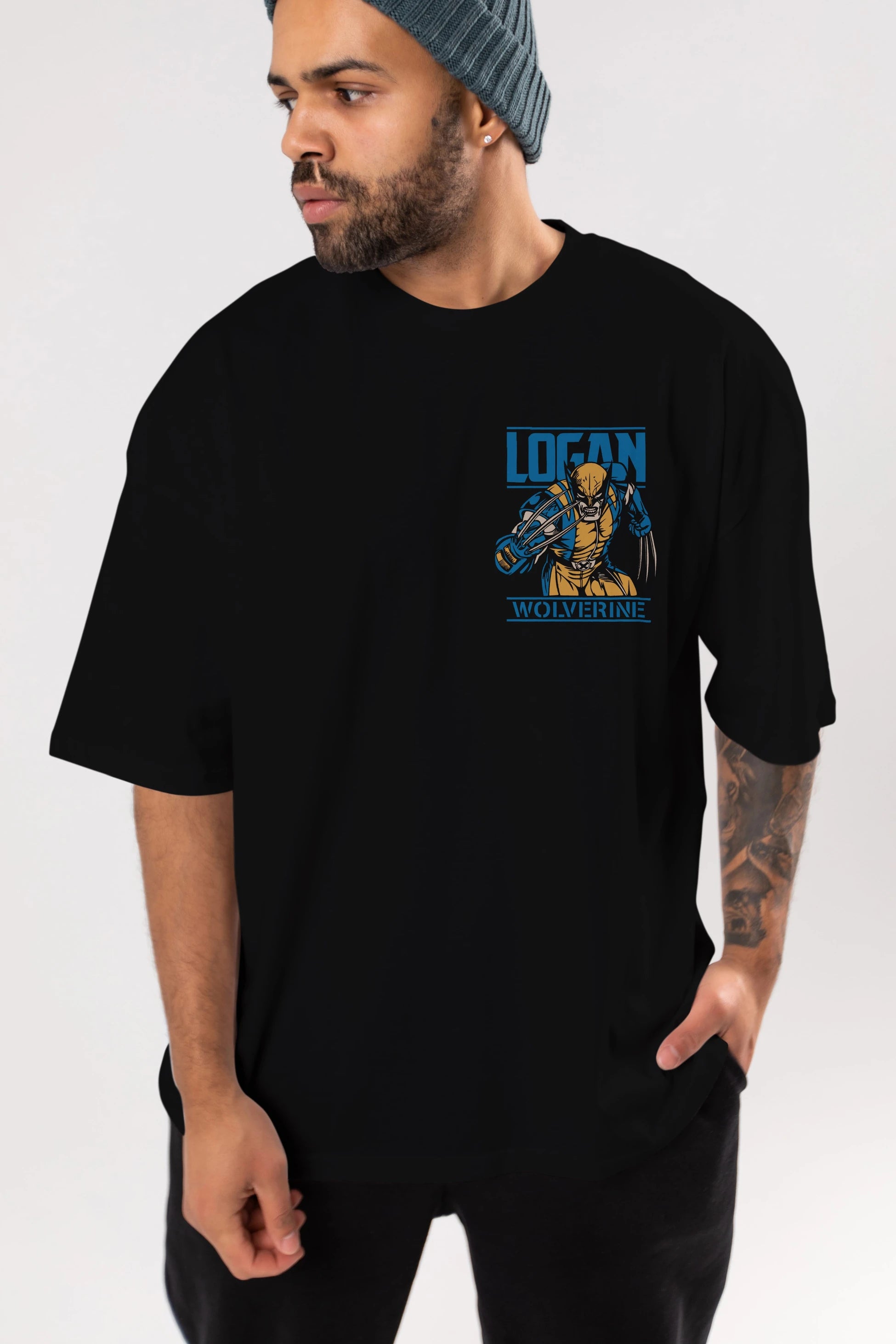 Wolverine Logan Ön Sol Baskılı Oversize t-shirt Erkek Kadın Unisex %100 Pamuk Bisiklet Yaka tişort