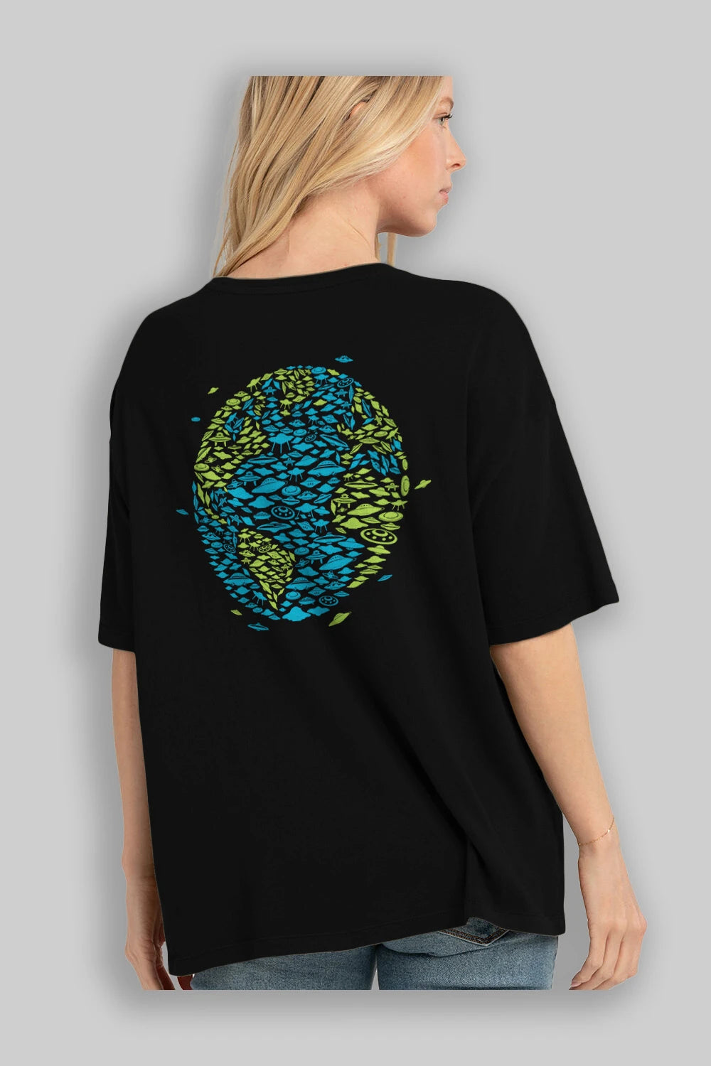 UFO Invasion Arka Baskılı Oversize t-shirt %100 pamuk Erkek Kadın Unisex