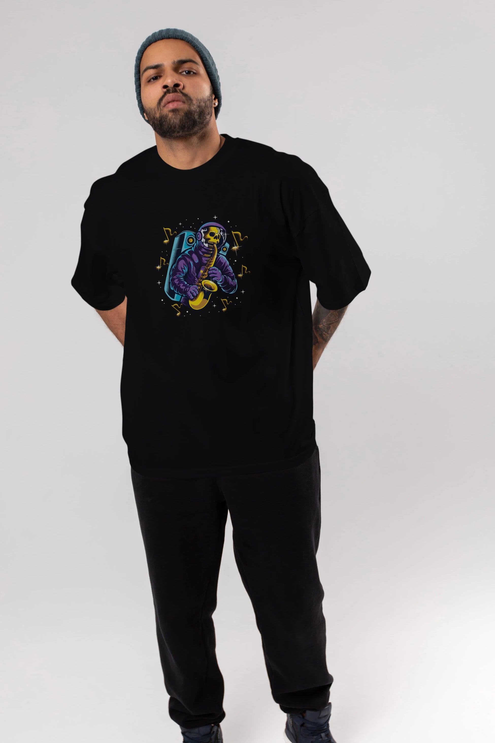 Astroskull Saxophonist Ön Baskılı Oversize t-shirt Erkek Kadın Unisex