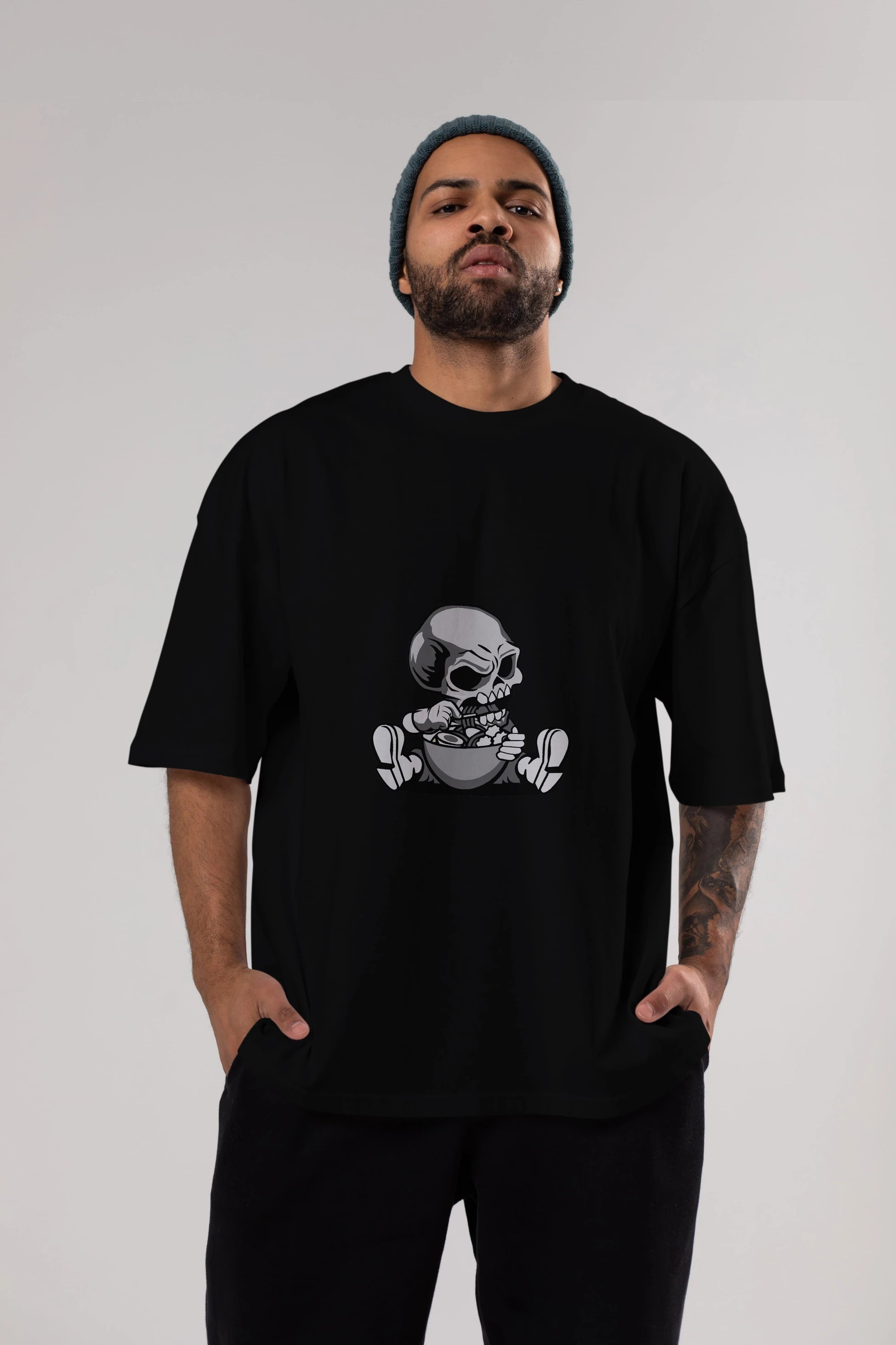 Skull Eat Ramen Ön Baskılı Oversize t-shirt Erkek Kadın Unisex %100 Pamuk tişort