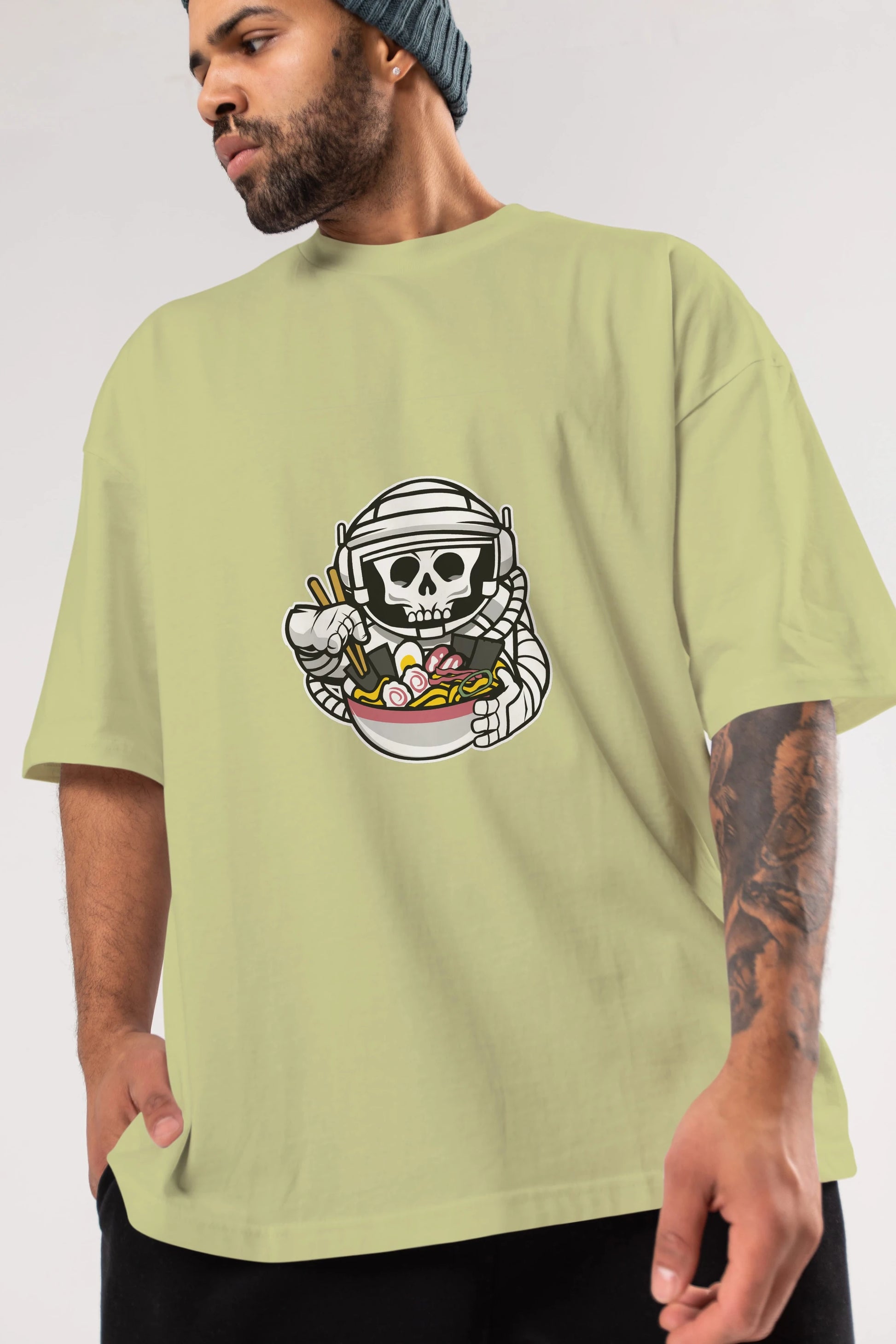 Astronaut Ramen Ön Baskılı Oversize t-shirt Erkek Kadın Unisex %100 Pamuk tişort