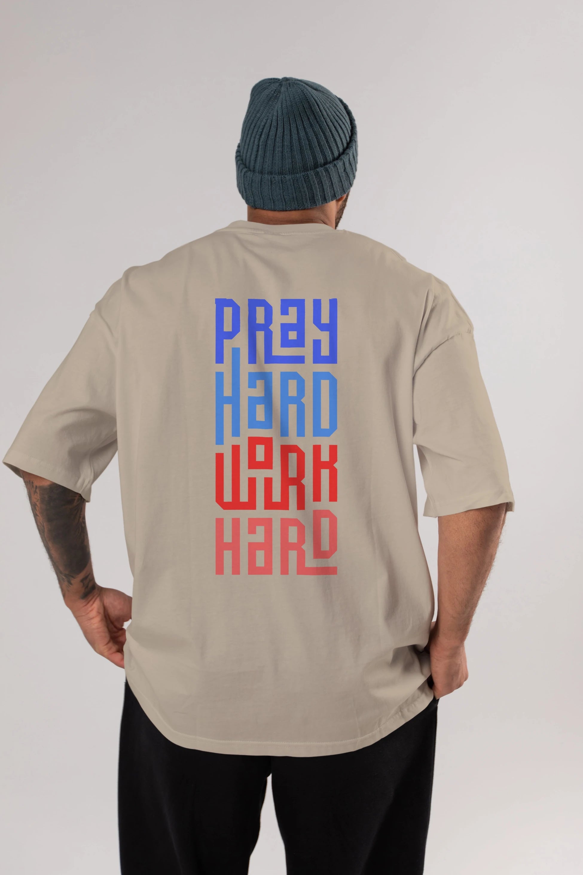 Pray Hard Work Hard Yazılı Arka Baskılı Oversize t-shirt Erkek Kadın Unisex