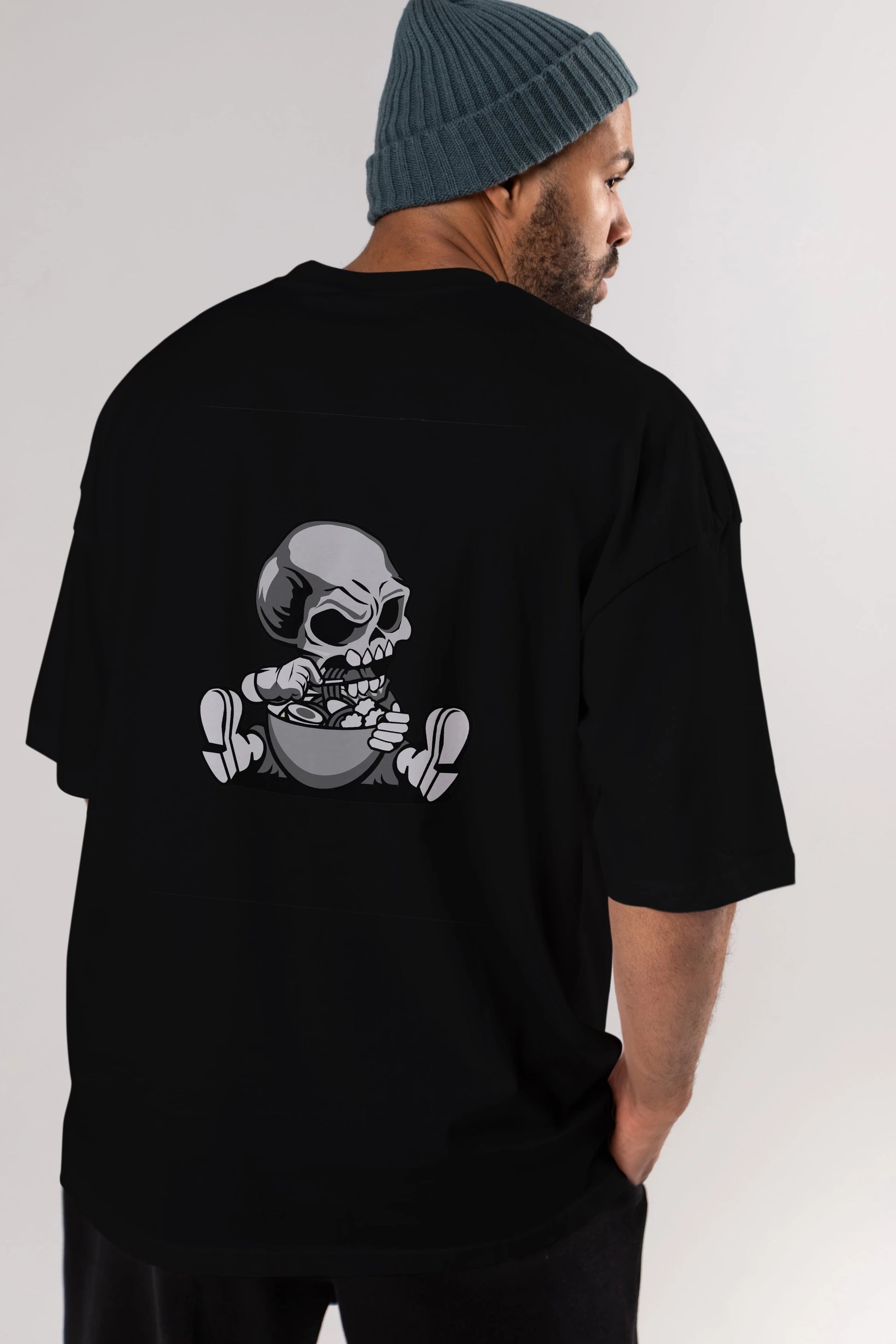 Skull Eat Ramen Arka Baskılı Oversize t-shirt Erkek Kadın Unisex %100 Pamuk tişort