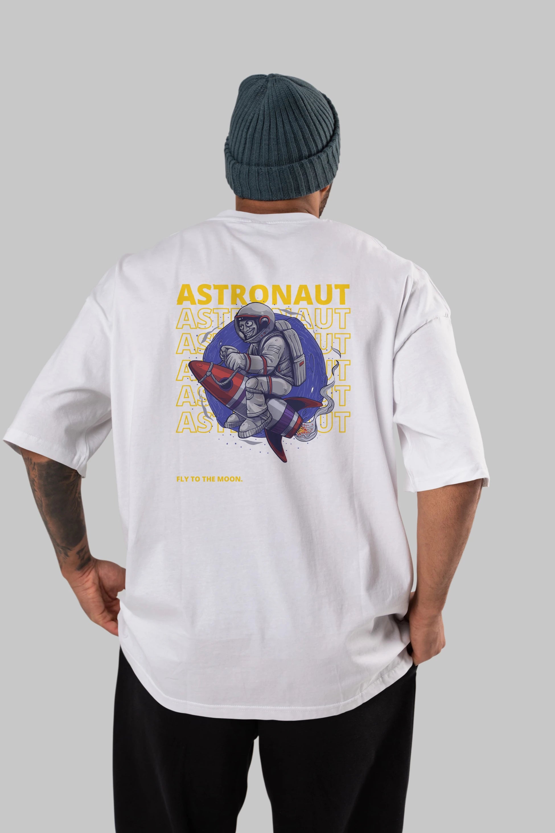 Astronaut Fly to the Moon Yazılı Arka Baskılı Oversize t-shirt Erkek Kadın Unisex