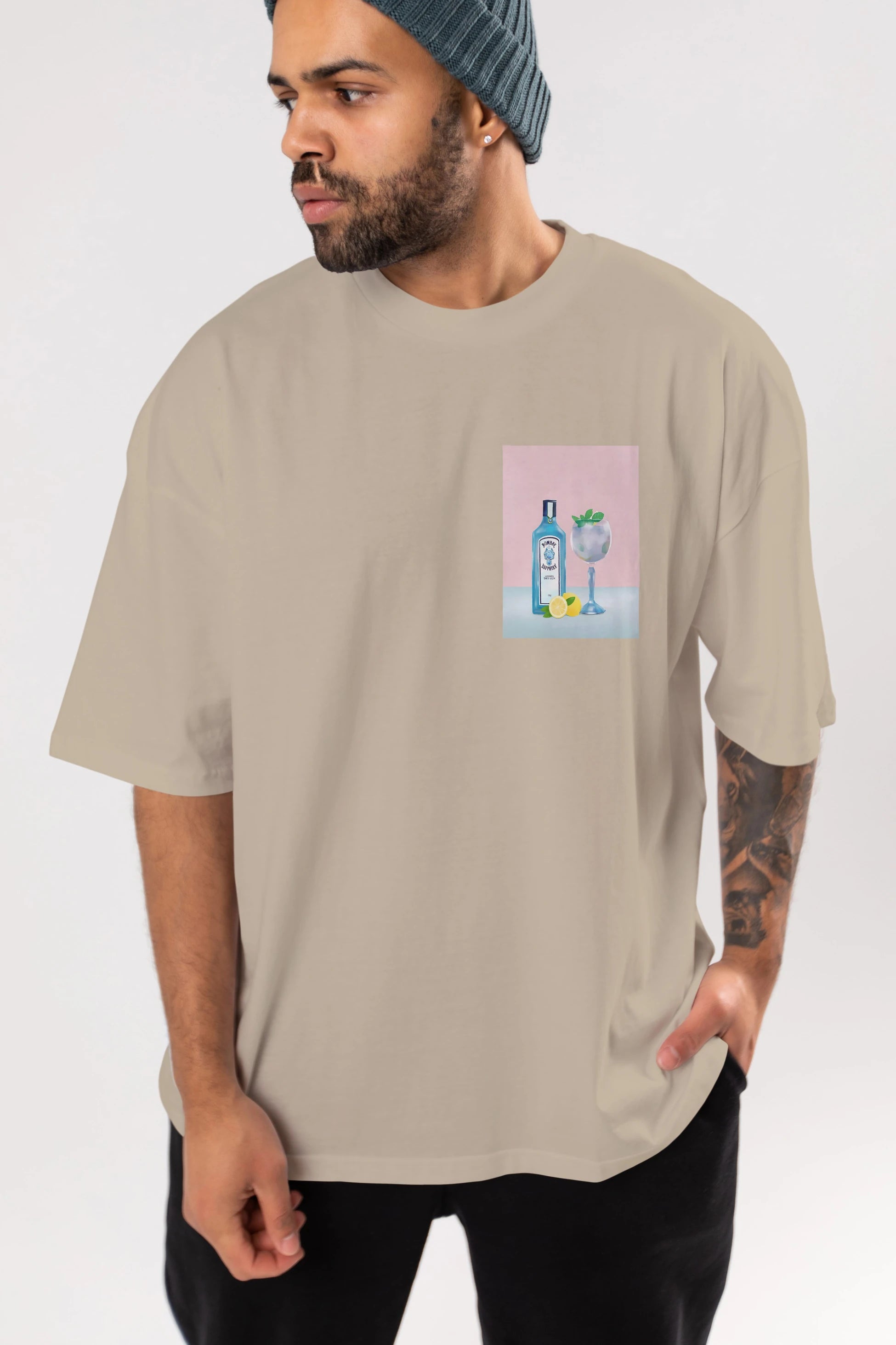 Bombay Sapphire Dry Gin Ön Sol Baskılı Oversize t-shirt Erkek Kadın Unisex %100 Pamuk Bisiklet Yaka tişort