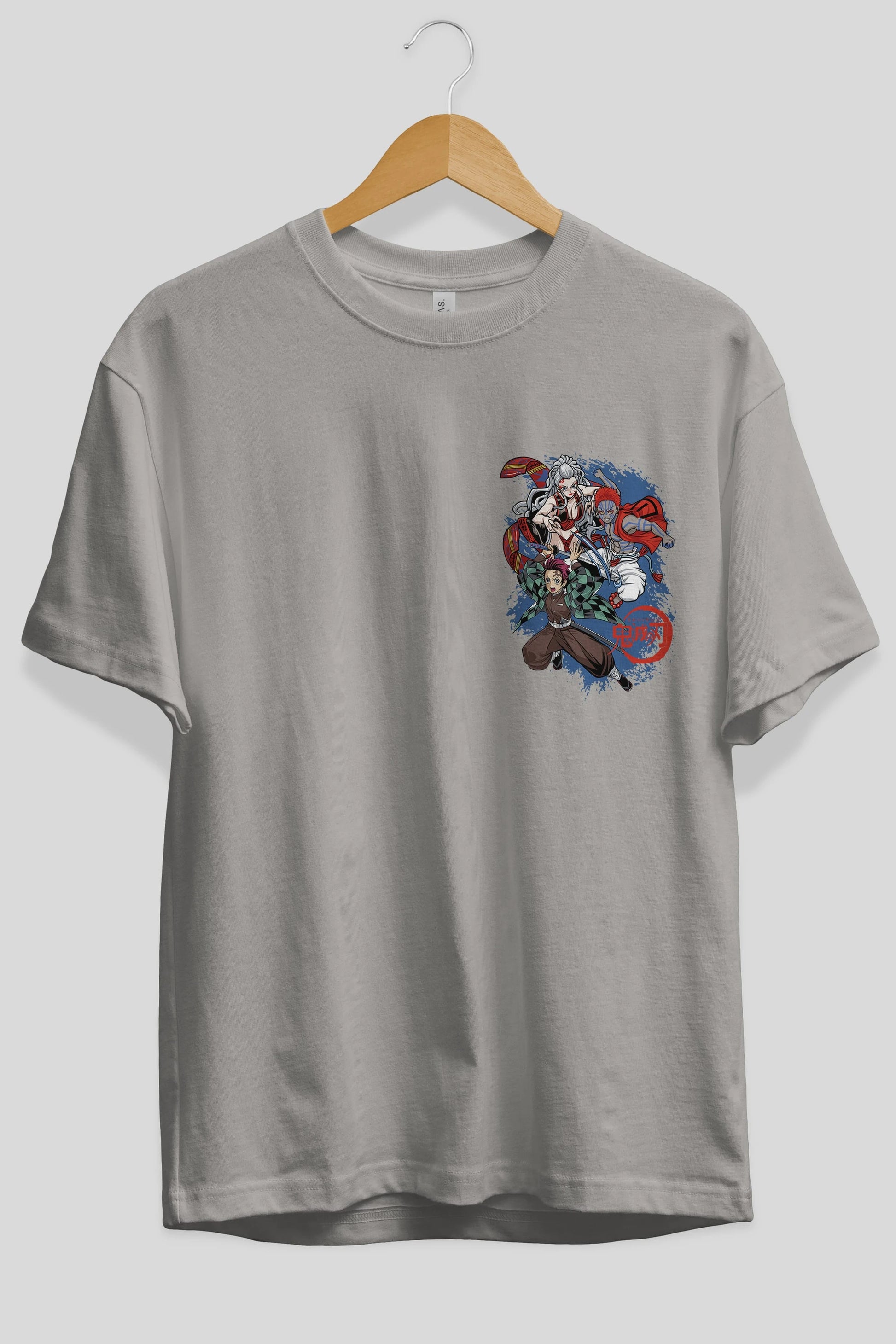 TANJIRO ,AKAZA,DAKI Ön Sol Baskılı Oversize t-shirt Erkek Kadın Unisex %100 Pamuk Bisiklet Yaka tişort
