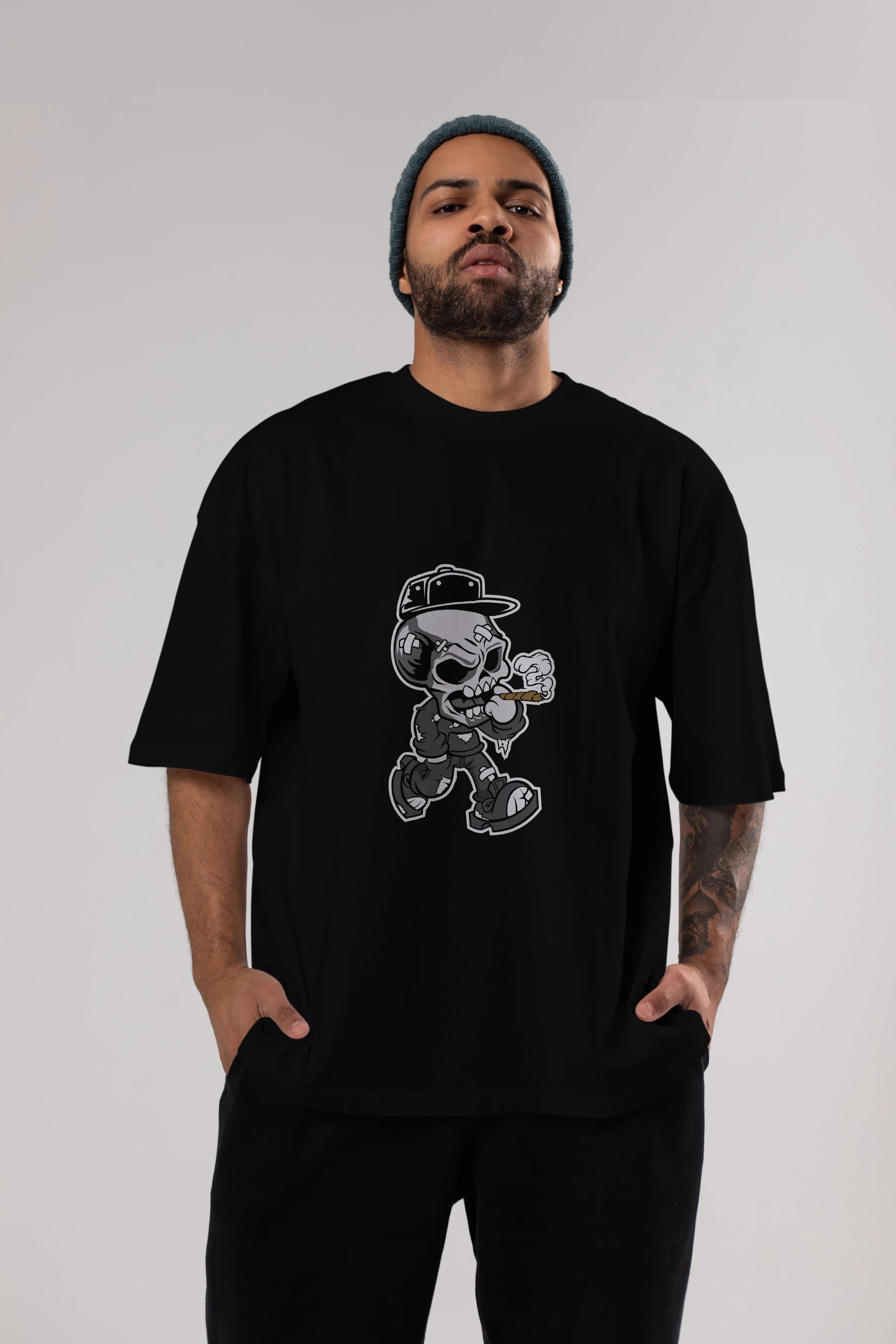 Skull Smoker Ön Baskılı Oversize t-shirt Erkek Kadın Unisex %100 Pamuk tişort