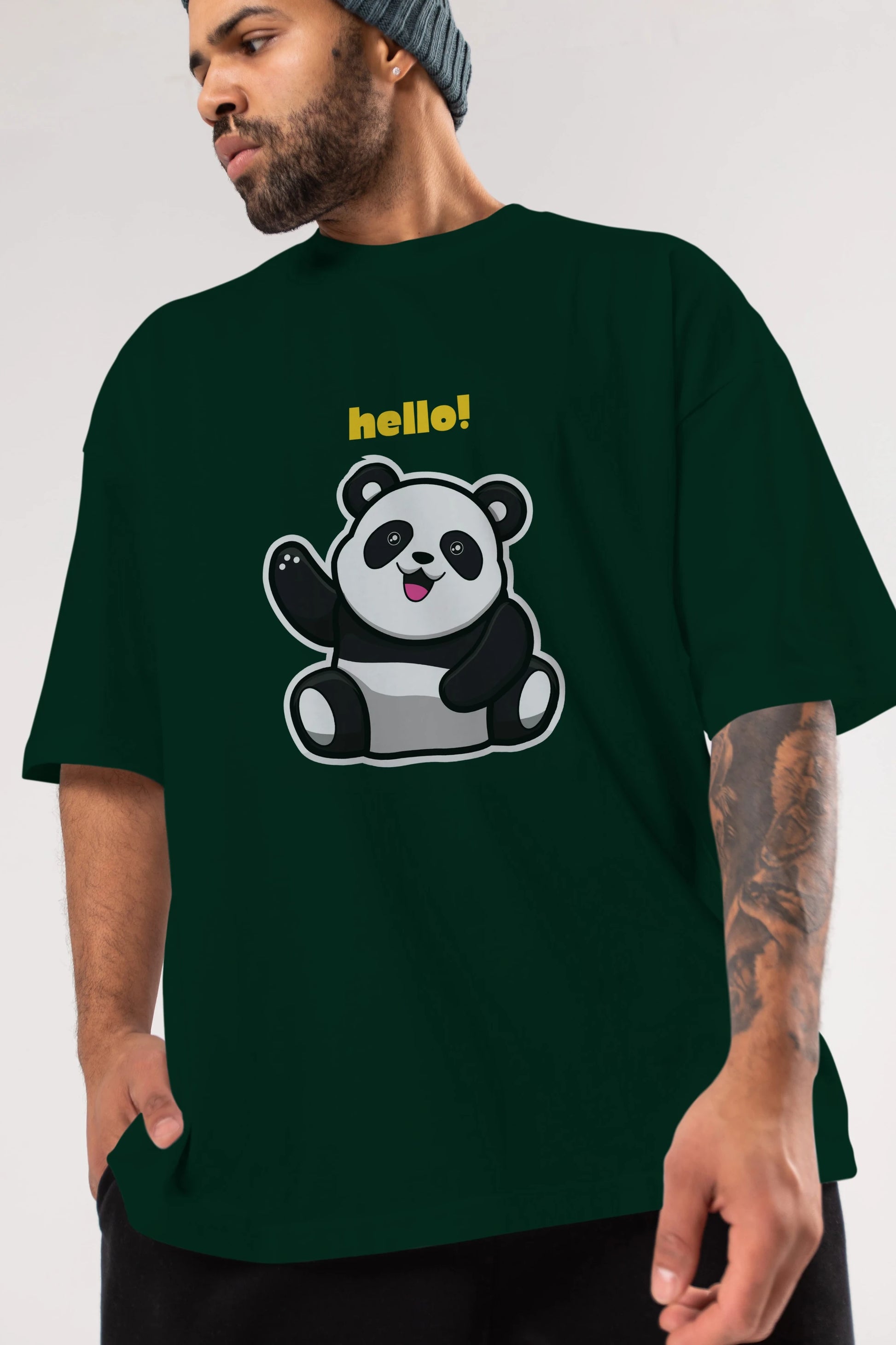 Hello Panda Ön Baskılı Oversize t-shirt Erkek Kadın Unisex