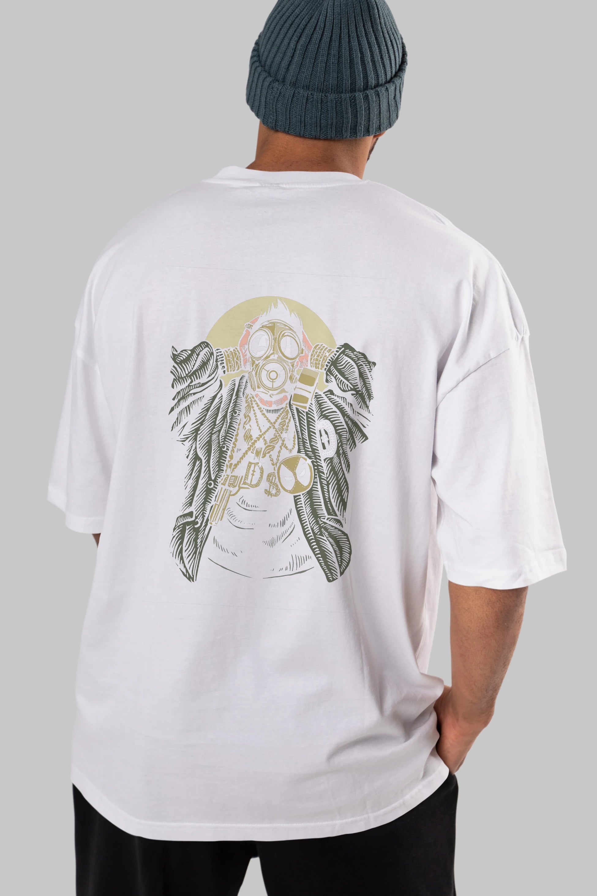 Gasmask Gangsta Arka Baskılı Oversize t-shirt Erkek Kadın Unisex %100 Pamuk