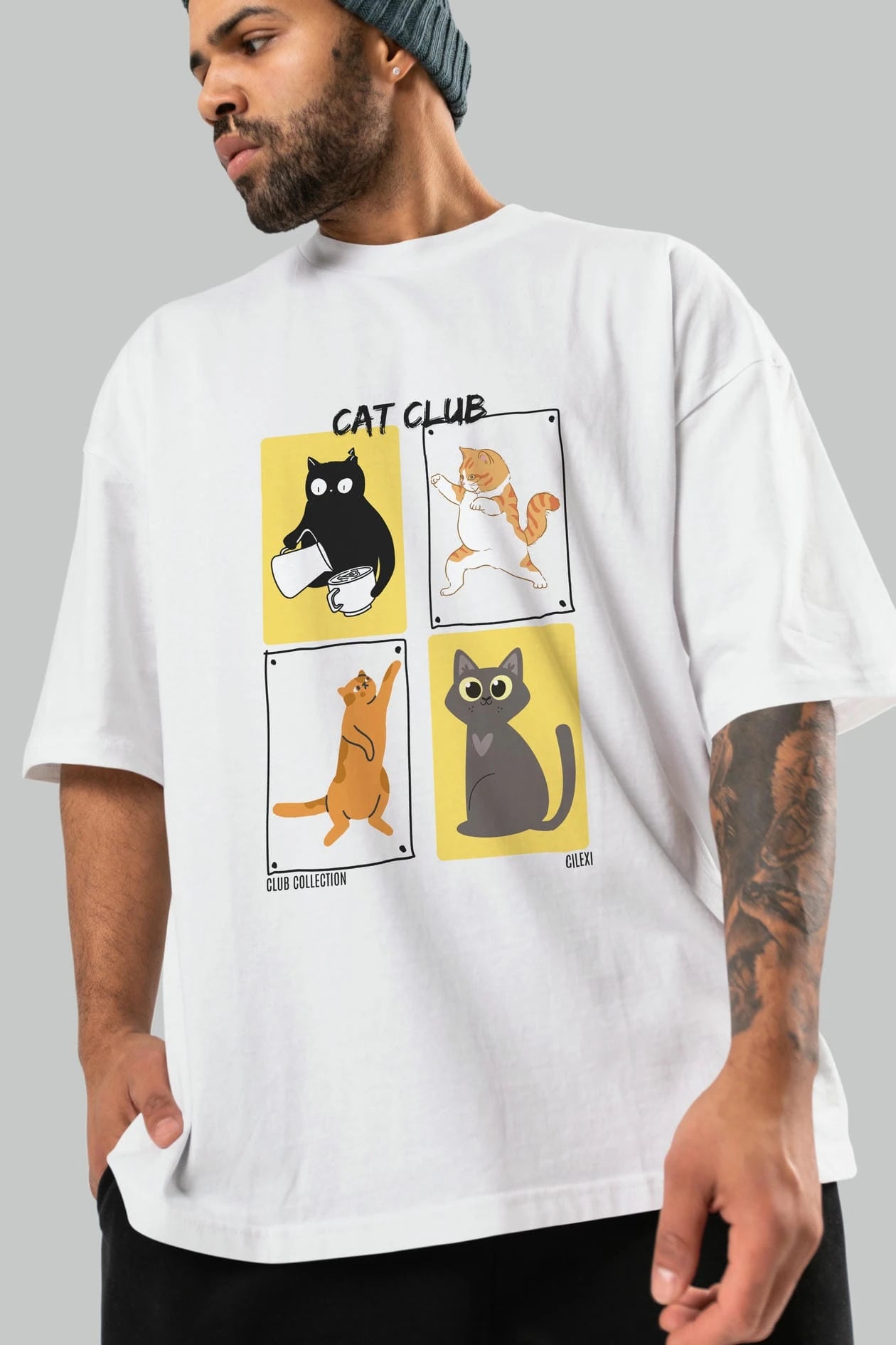 Cat Club ön Baskılı Oversize t-shirt Erkek Kadın %100 Pamuk Bisiklet Yaka tişort