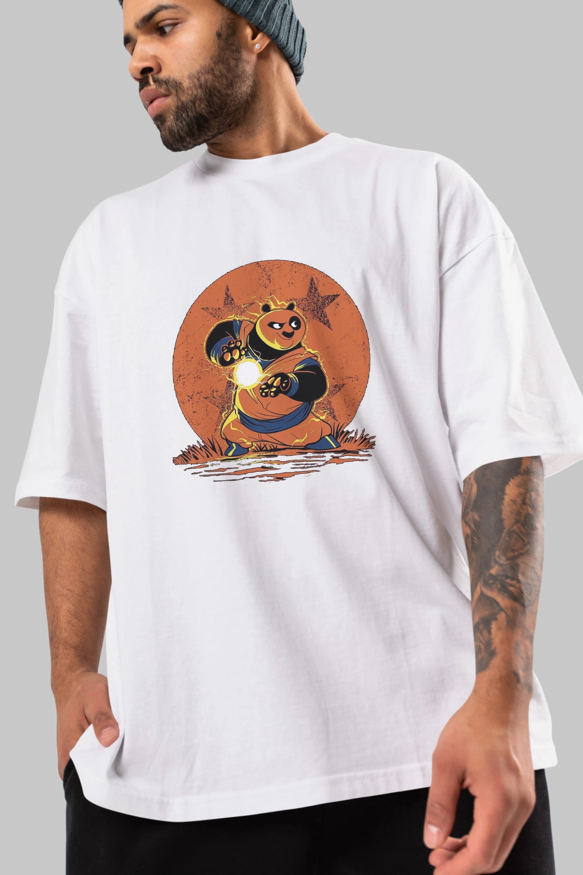 Kung Fu Panda Ön Baskılı Oversize t-shirt Erkek Kadın Unisex %100 Pamuk Bisiklet Yaka tişort