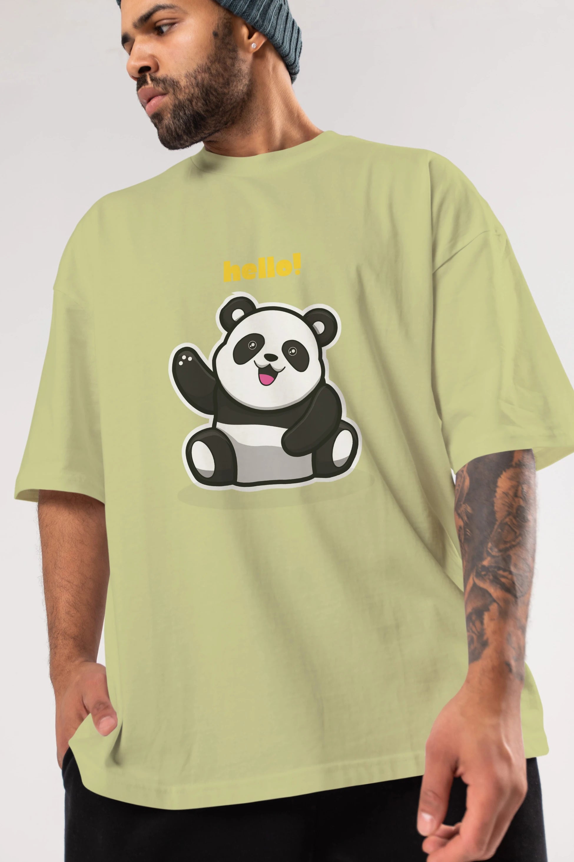 Hello Panda Ön Baskılı Oversize t-shirt Erkek Kadın Unisex