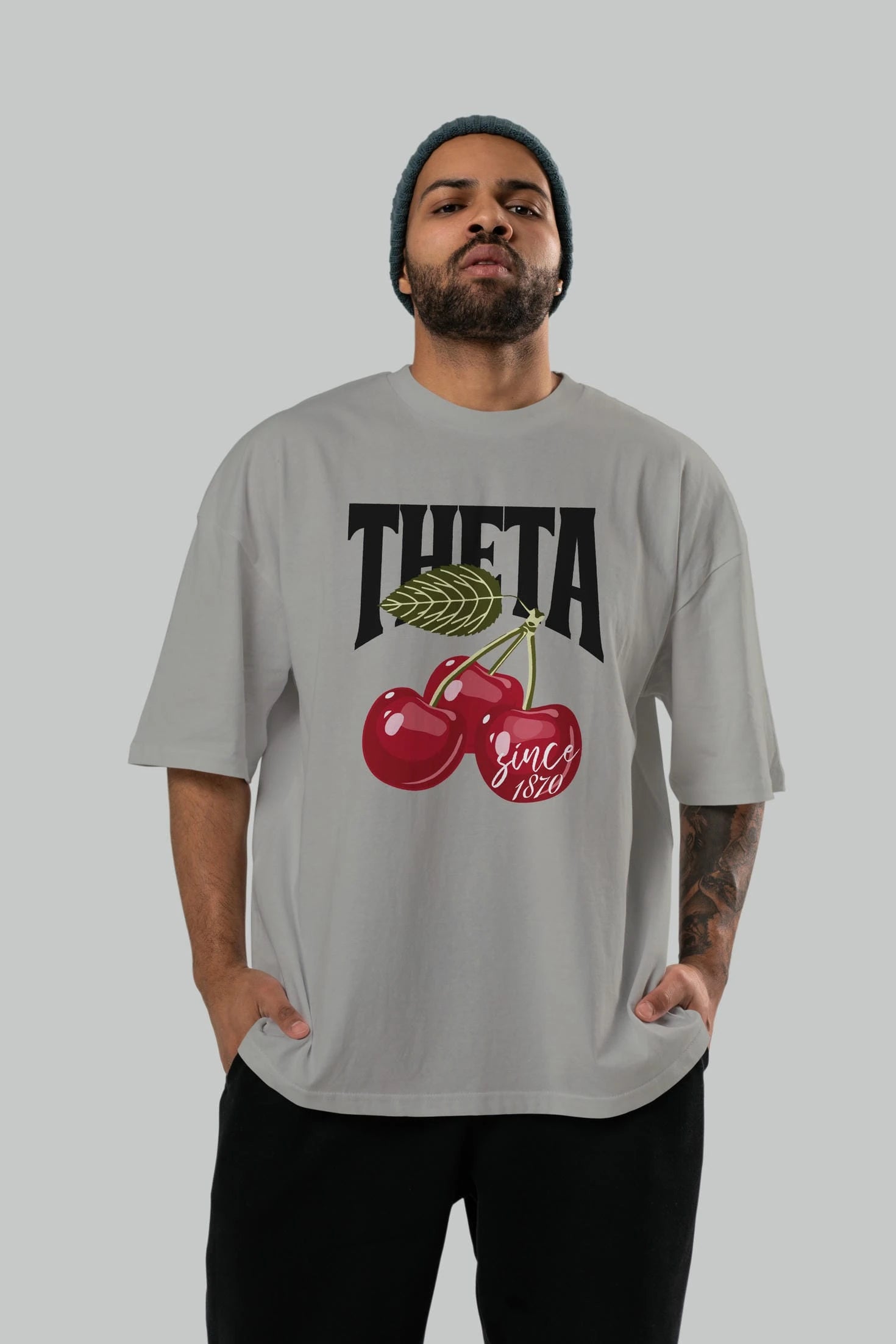 Theta Cherry Cherries Ön Baskılı Oversize t-shirt Erkek Kadın Pamuk Bisiklet Yaka tişort