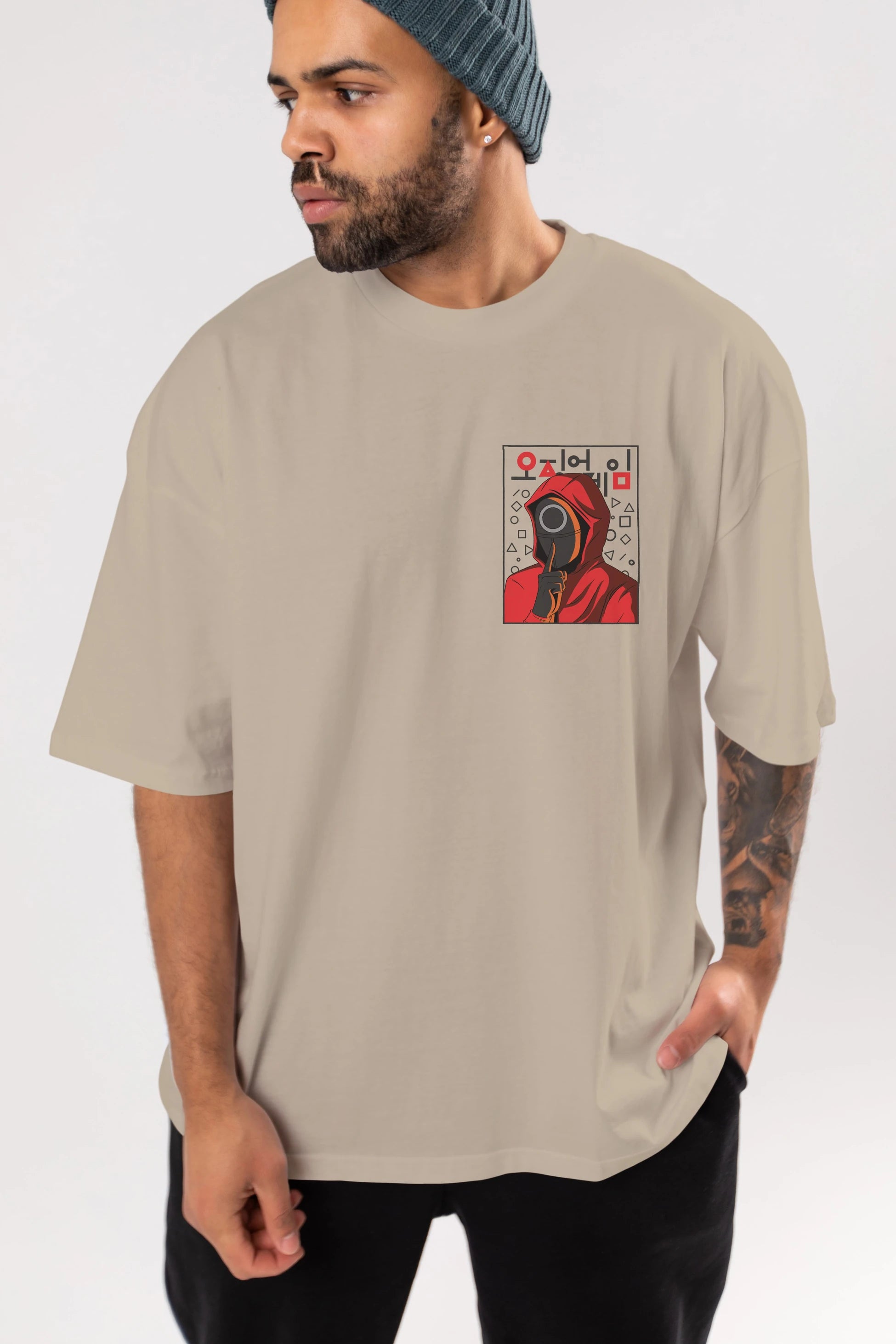 Squid Game (5) Ön Sol Baskılı Oversize t-shirt Erkek Kadın Unisex %100 Pamuk Bisiklet Yaka tişort